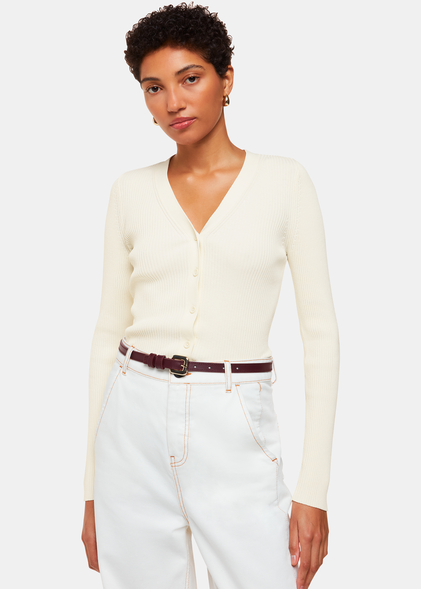 Whistles Women's Ivory Ribbed V Neck Cardigan Size 12