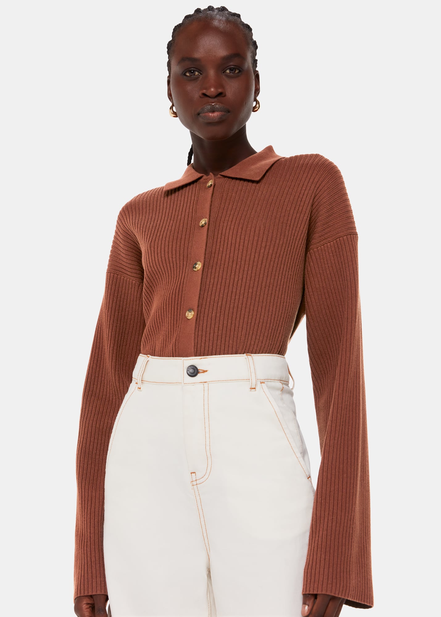 Whistles Women's Brown Rib Collar Cardigan Size M