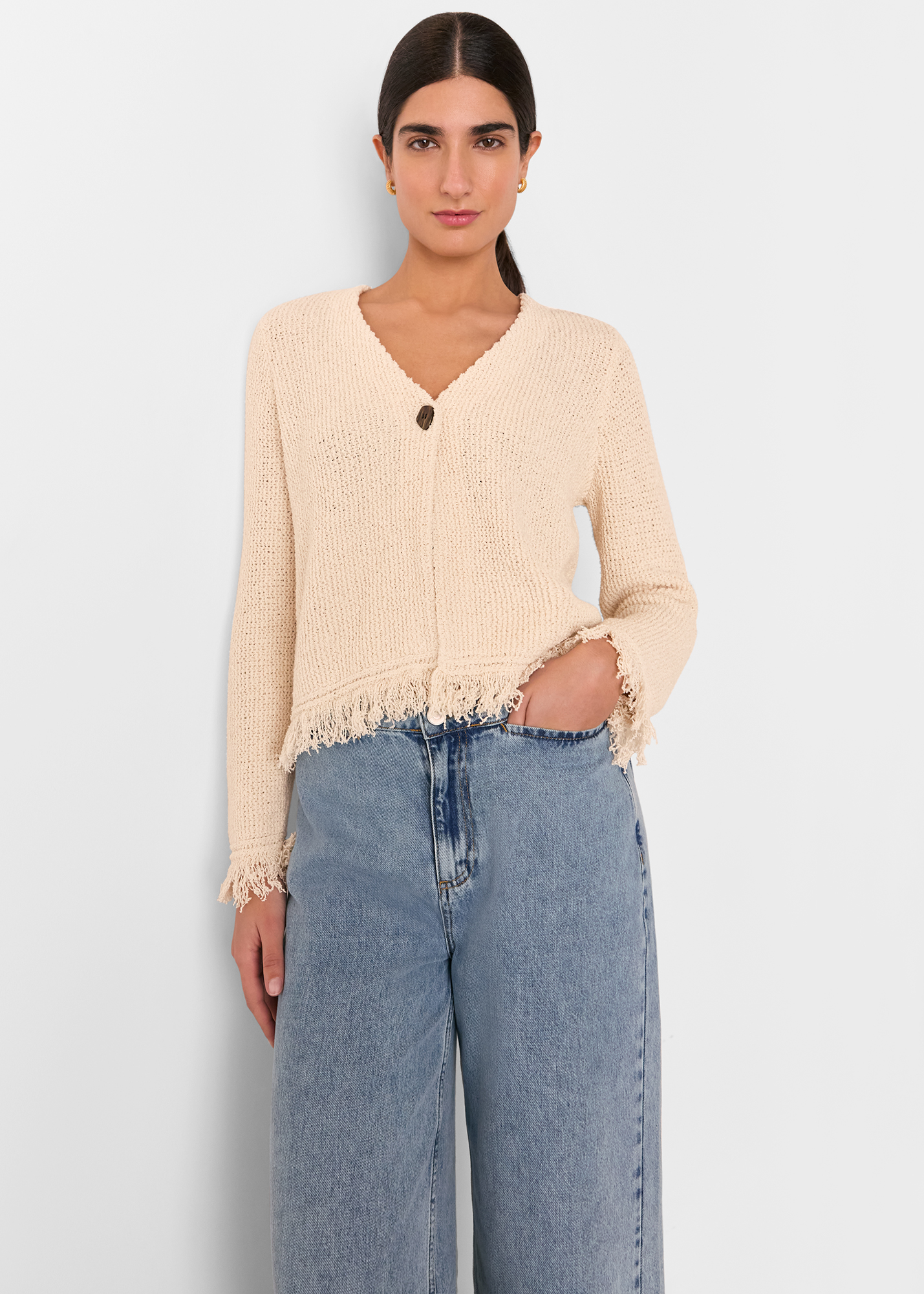 Whistles Women's Ivory Fringe Detail Cardigan Size XL
