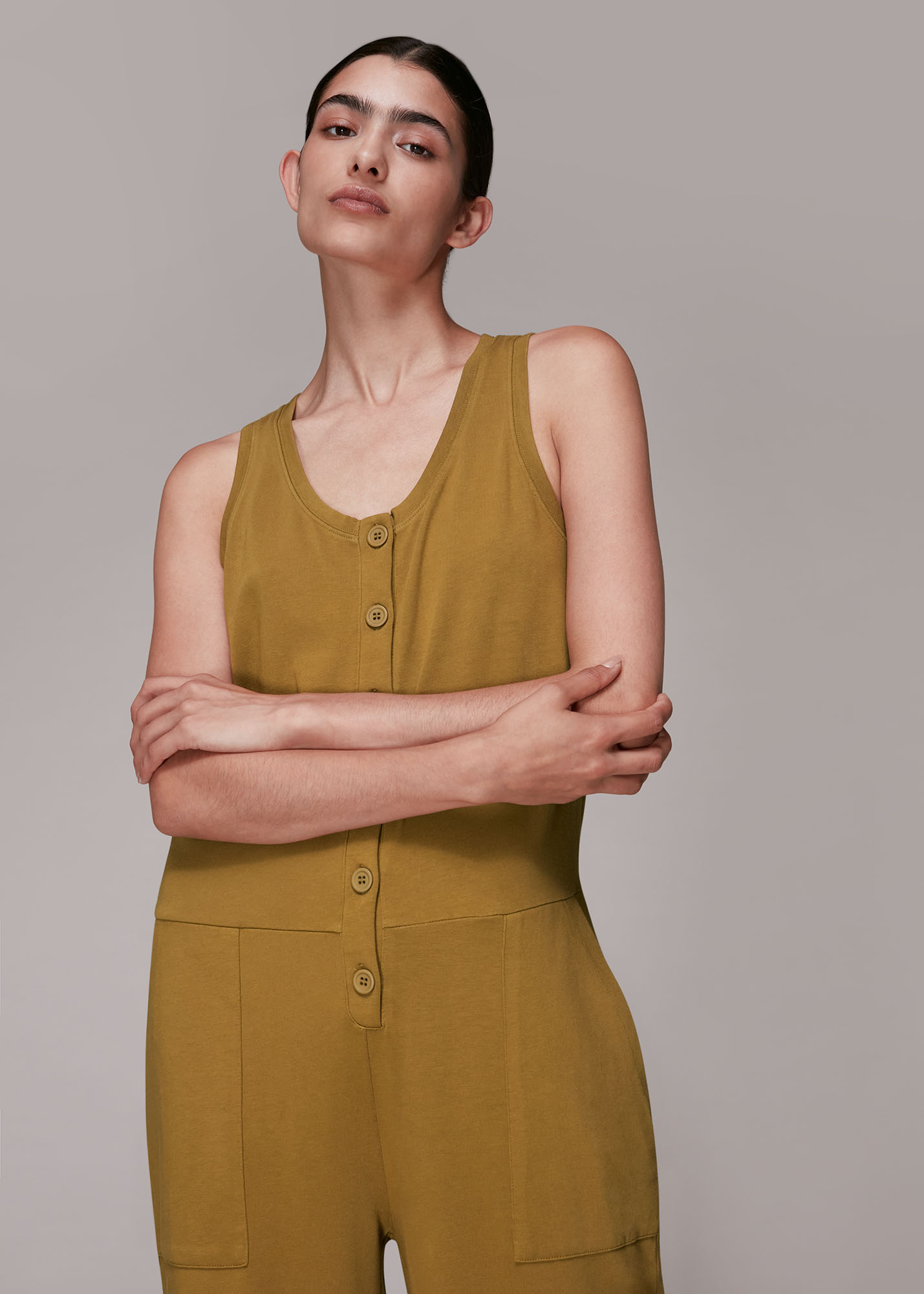 Whistles Women's Khaki Jersey Button Front Jumpsuit Size 10