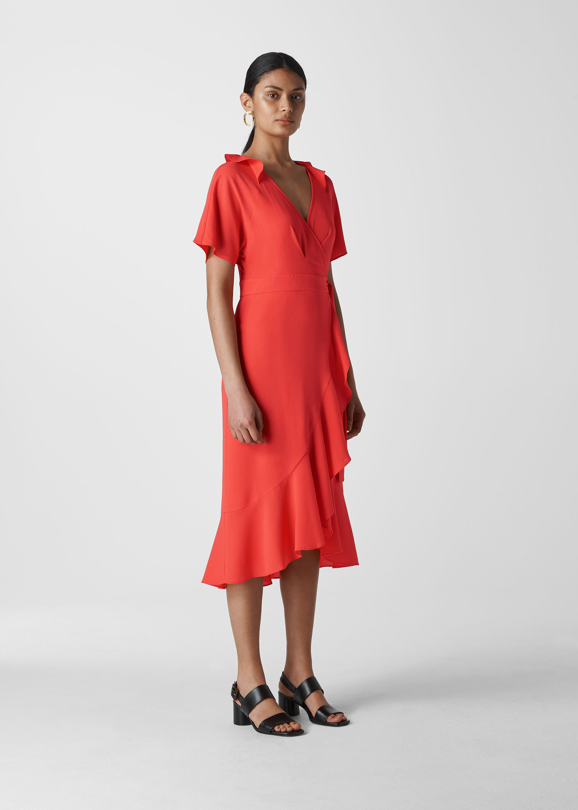 Whistles Women's Coral/Multi Abigail Frill Wrap Dress Size 6