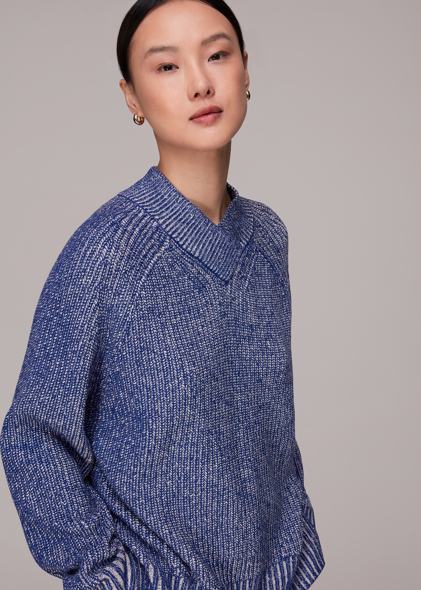 Whistles Women's Blue Plated Rib V Neck Jumper Size XS