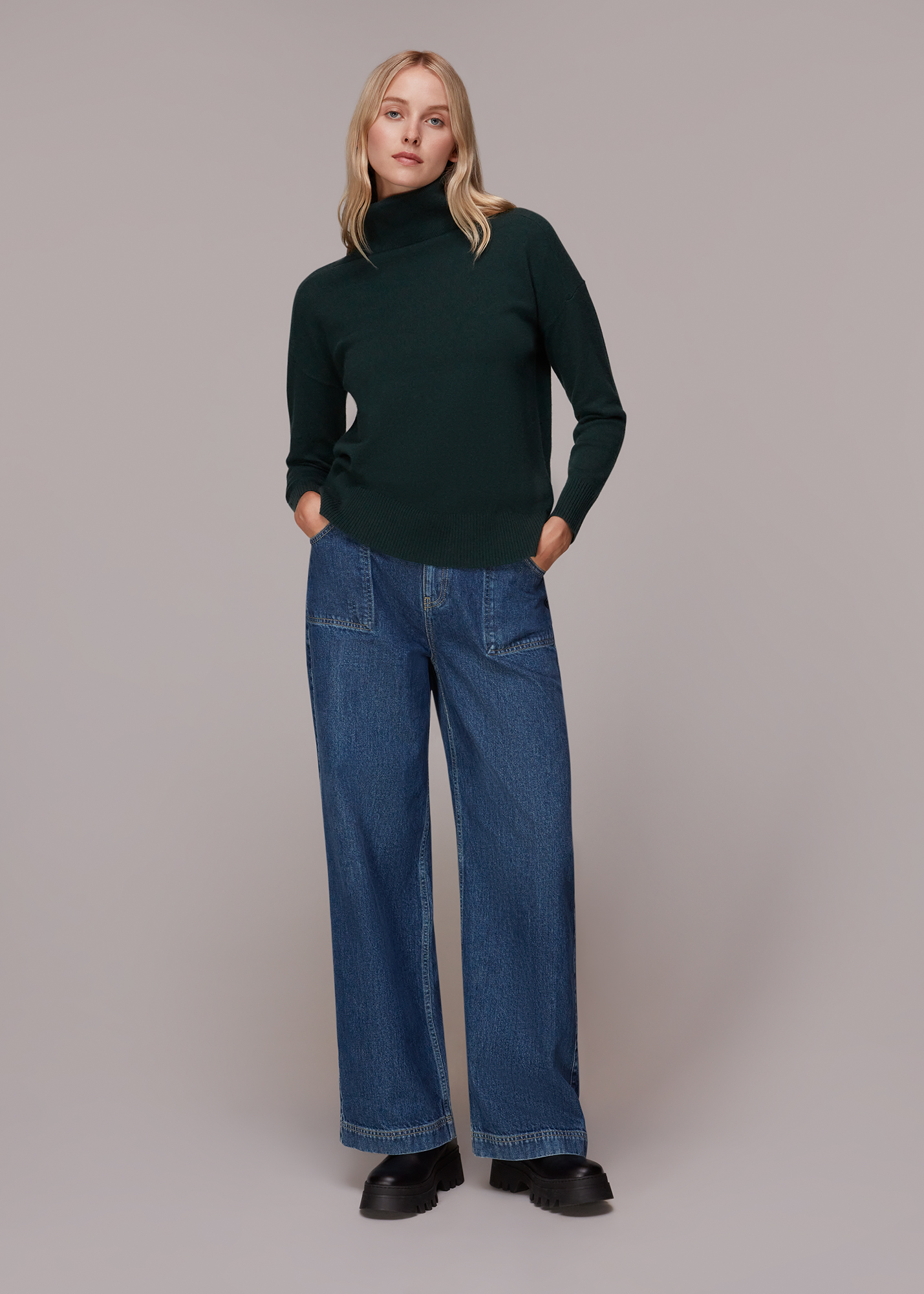 Whistles Women's Dark Green Cashmere Roll Neck Jumper Size L
