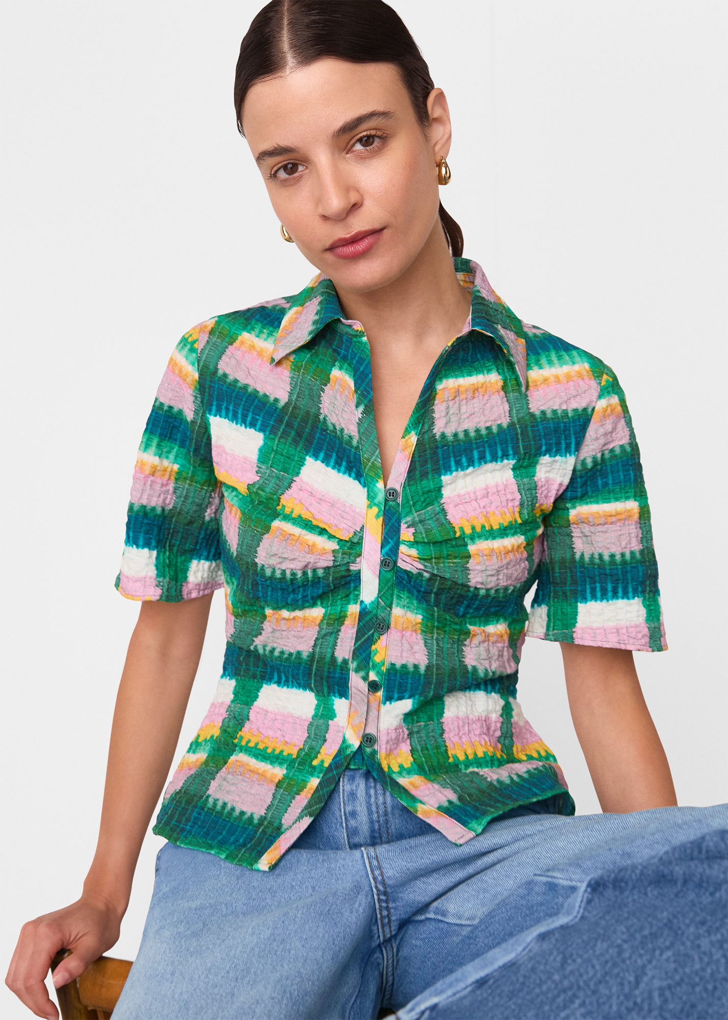 Whistles Women's Green/Multi Checked Button Shirt Size 18