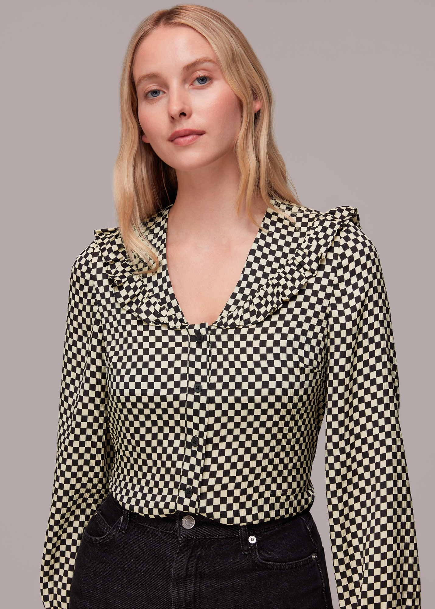 Whistles Women's Black/Multi Checkerboard Collar Detail Top Size 8