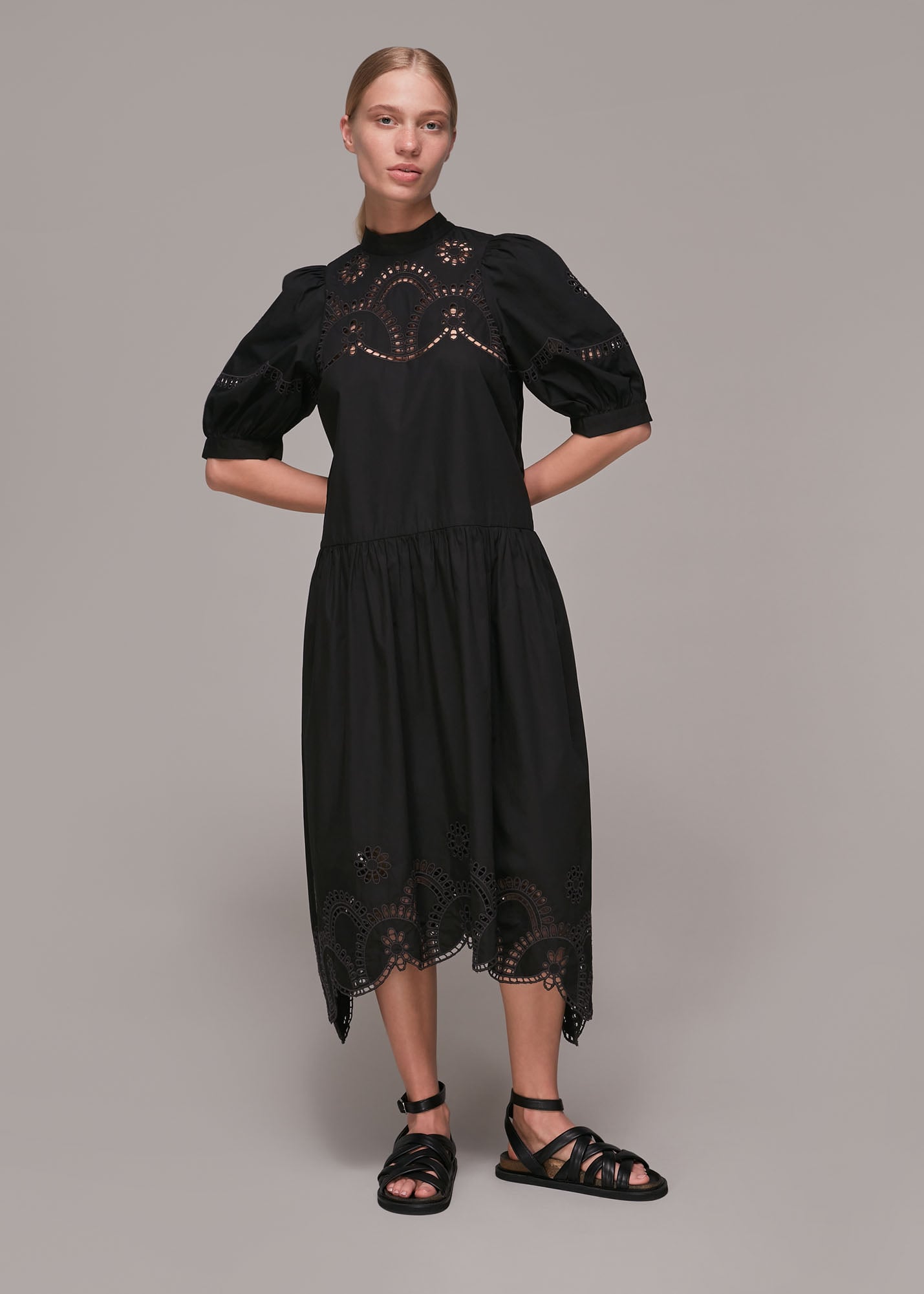 Whistles Women's Black Broderie Cutwork Poplin Dress Size 6