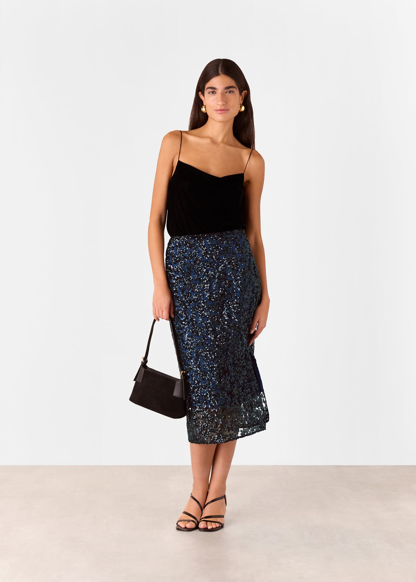 Whistles Women's Black/Multi Floral Sequin Midi Skirt Size 6