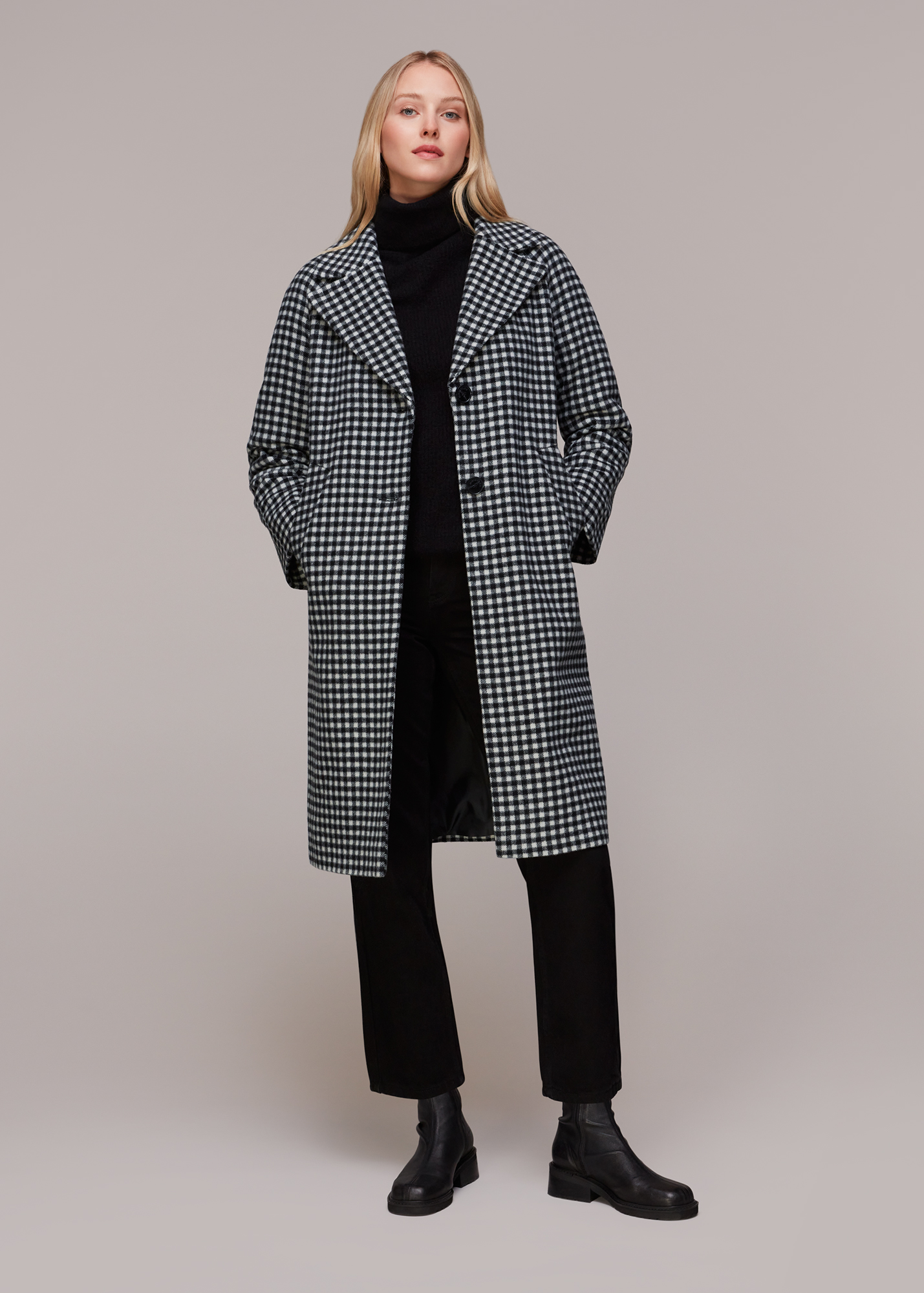 Whistles Women's Black/Multi Gingham Wool Cocoon Coat Size L