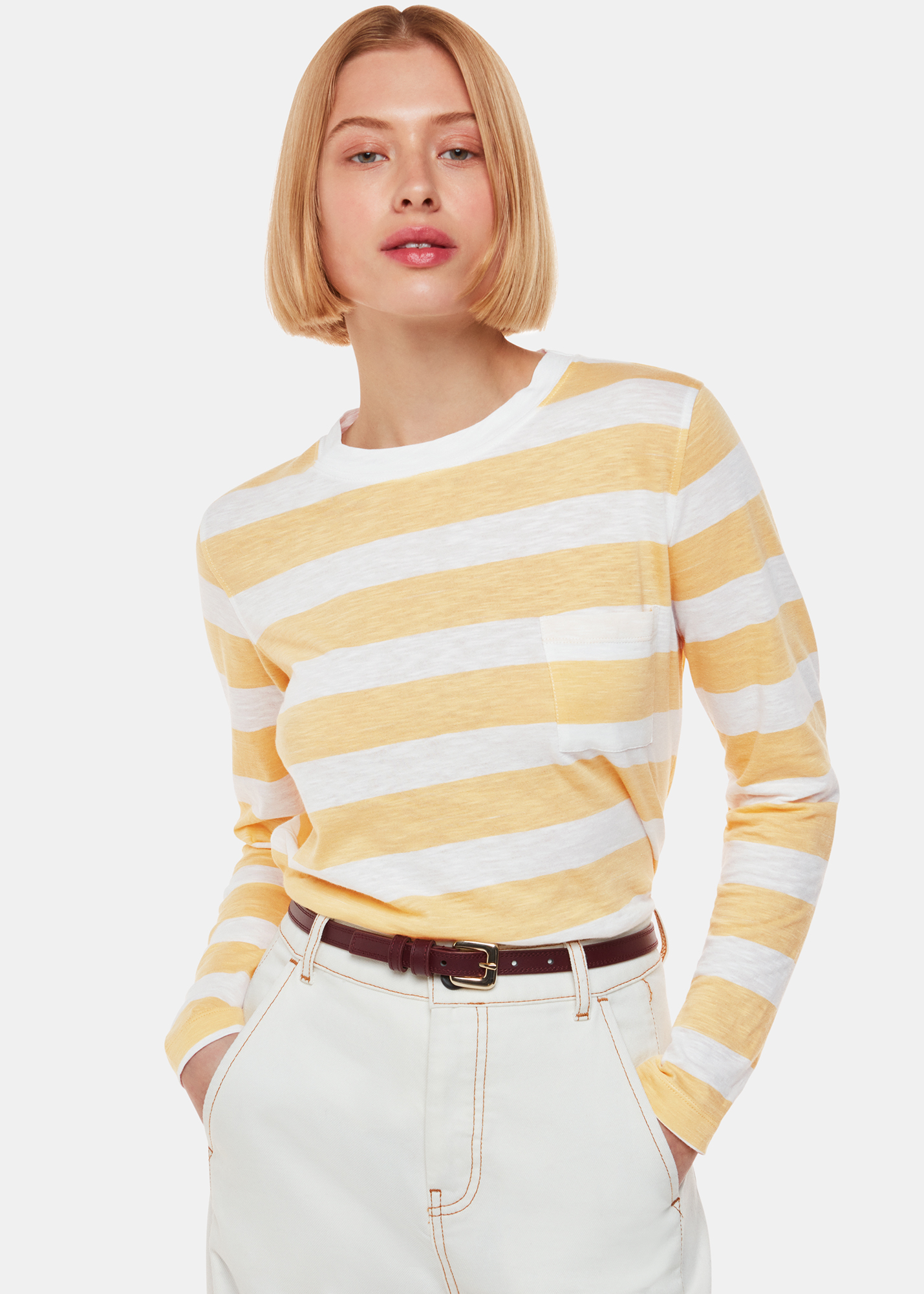 Whistles Women's Yellow/Multi Stripe Crew Neck Pocket Top Size 12
