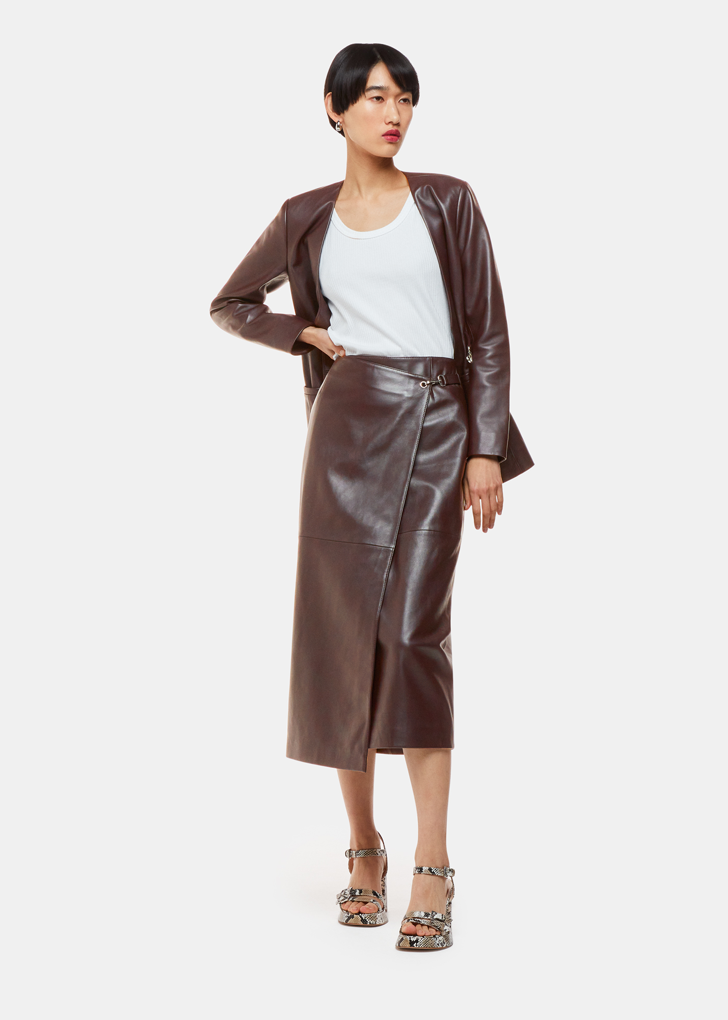 Whistles Women's Chocolate Josie Wrap Leather Skirt Size 12