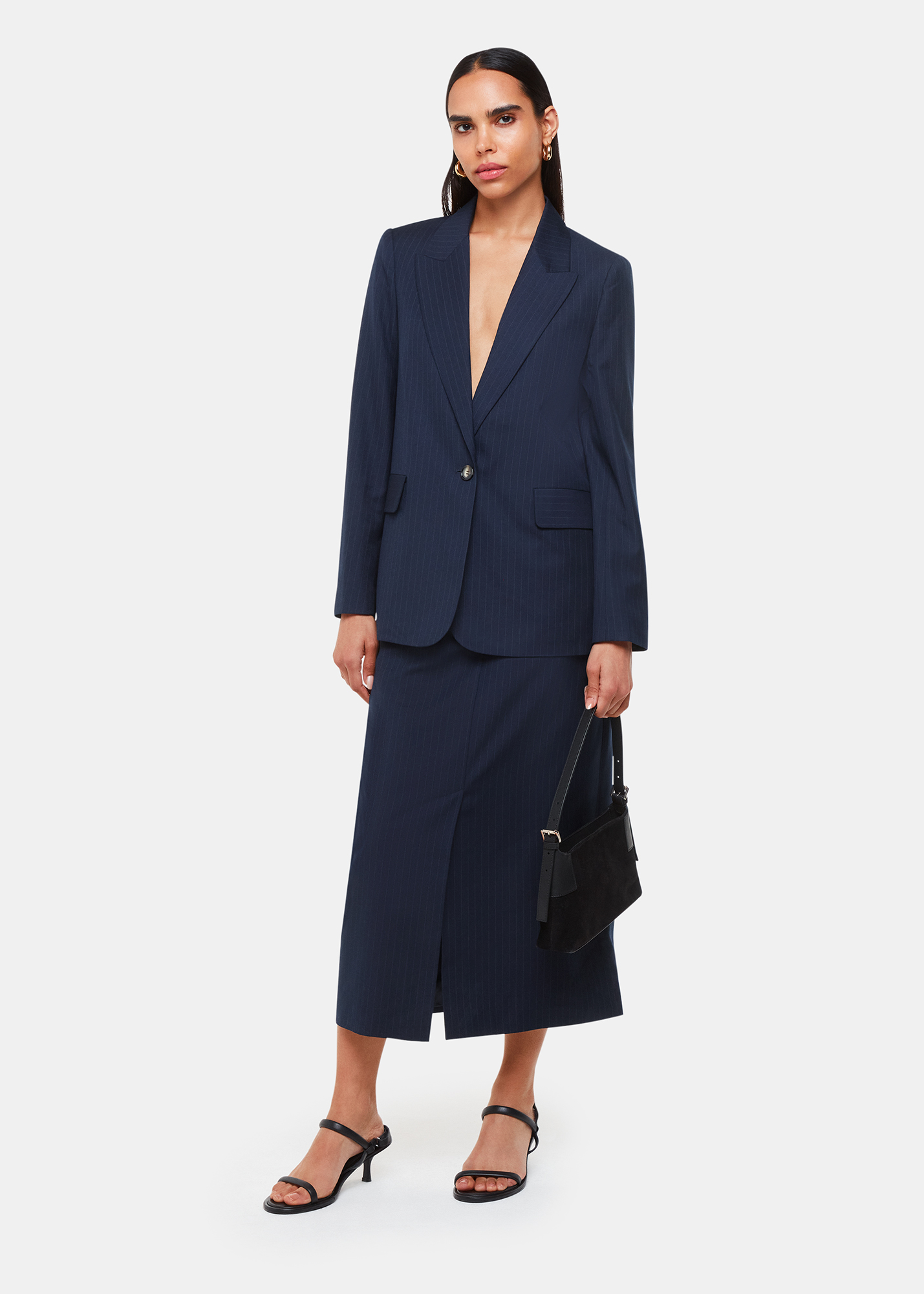 Whistles Women's Navy/Multi Pinstripe Tailored Midi Skirt Size 14