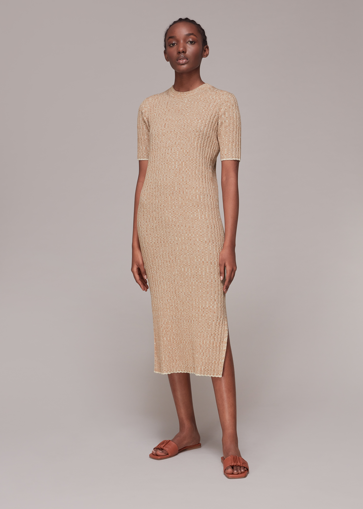 Whistles Women's Oatmeal Eva Rib Knit Midi Dress Size M