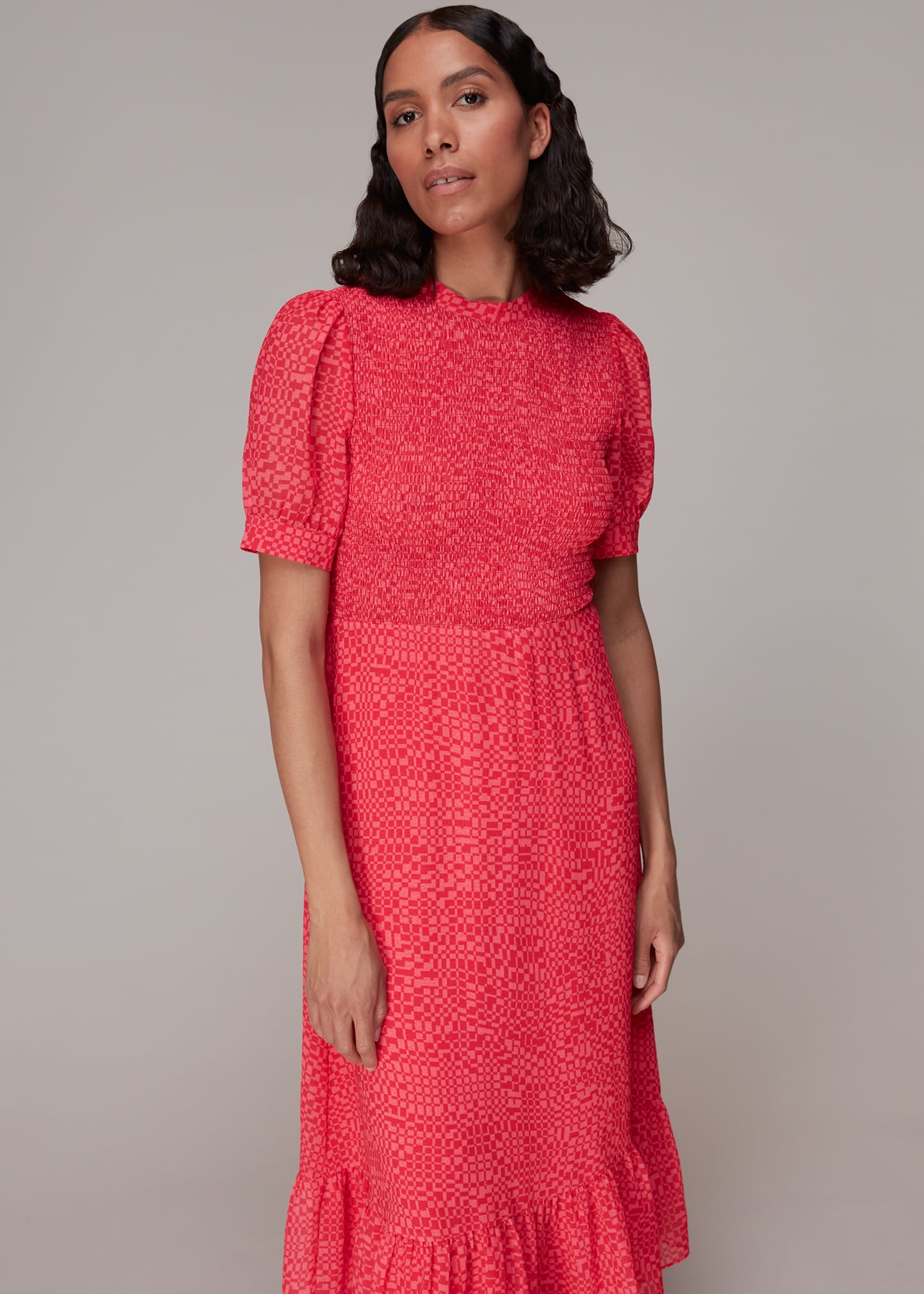 Whistles Women's Pink/Multi Shirred Checkerboard Dress Size 6
