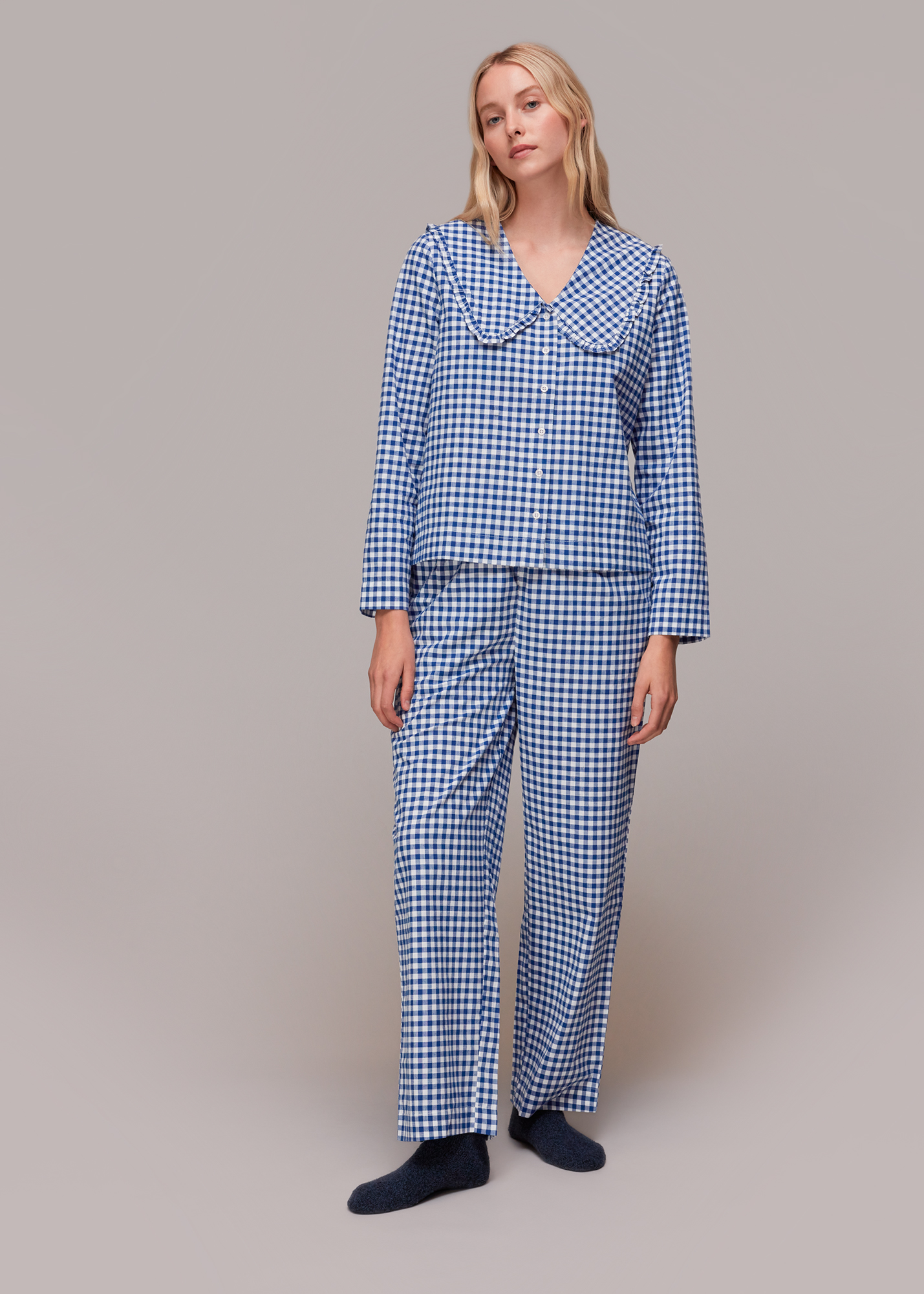 Whistles Women's Blue/Multi Gingham Collar Pyjamas Size L