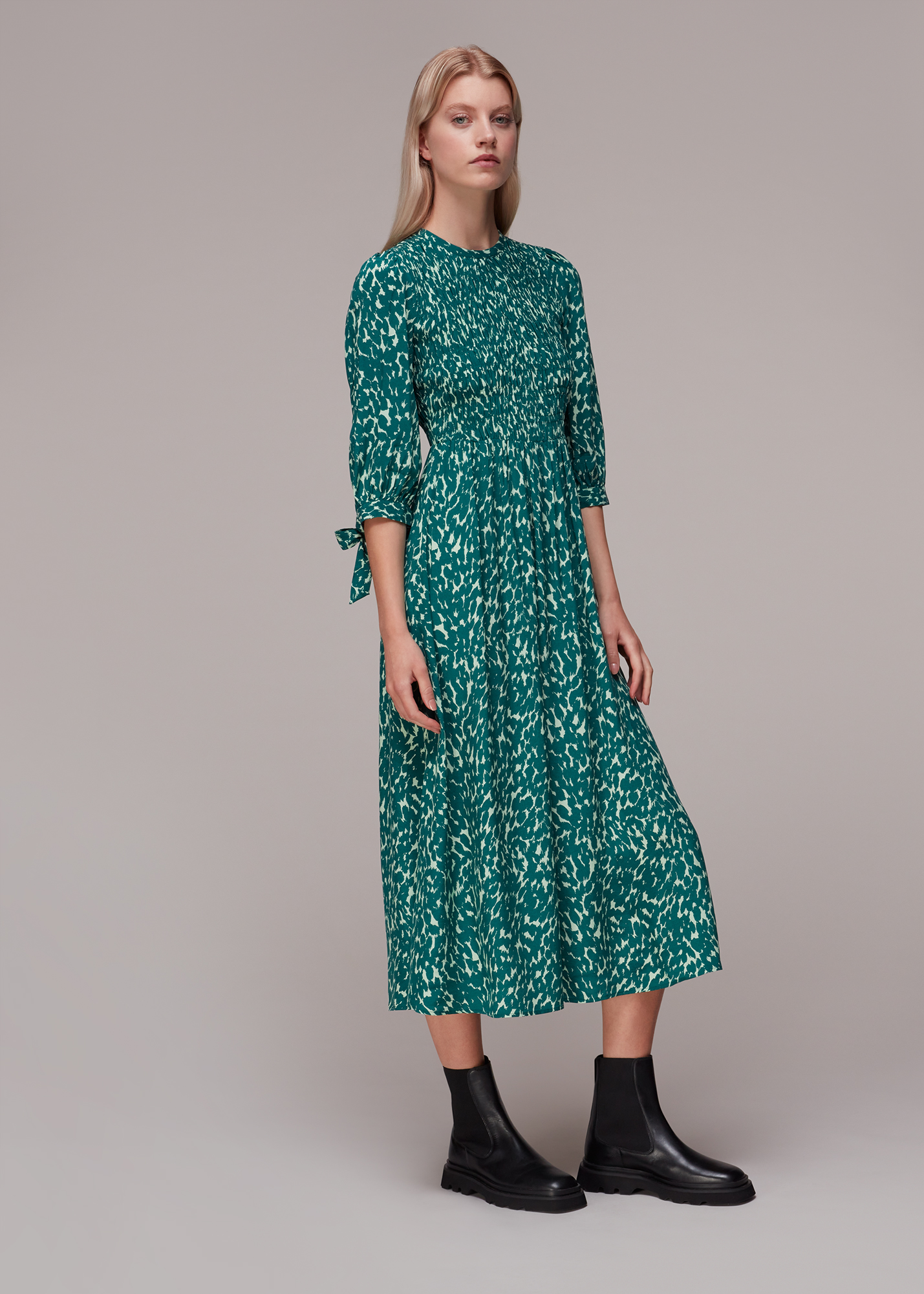 Whistles Women's Green/Multi Sahara Cat Shirred Midi Dress Size 4