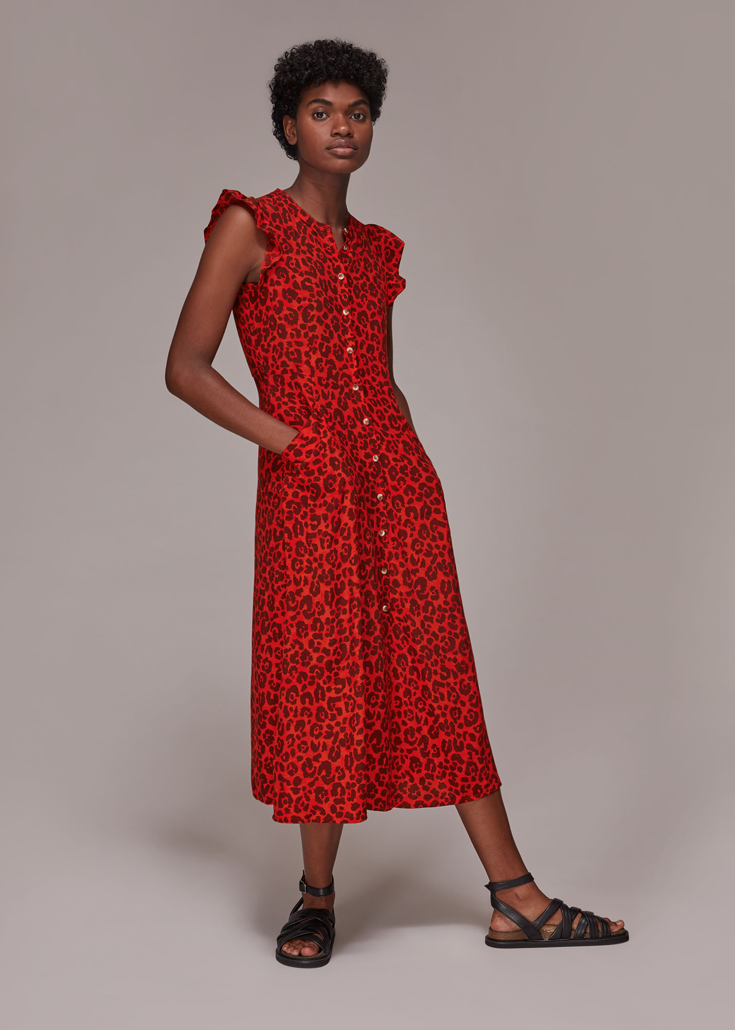 Whistles Women's Red/Multi Animal Frill Sleeve Midi Dress Size 6