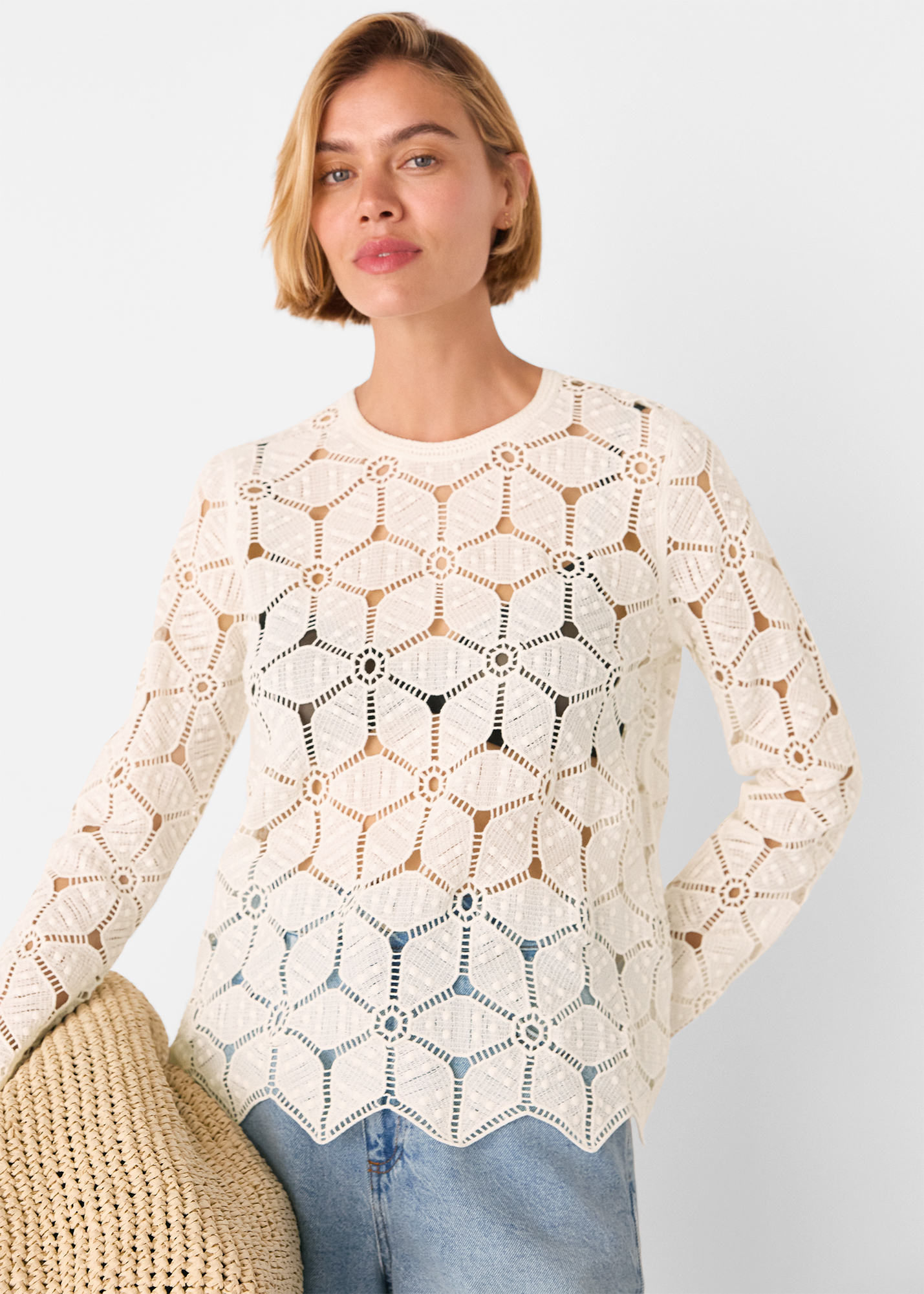 Whistles Women's White Crochet Long Sleeve Knit Size XL