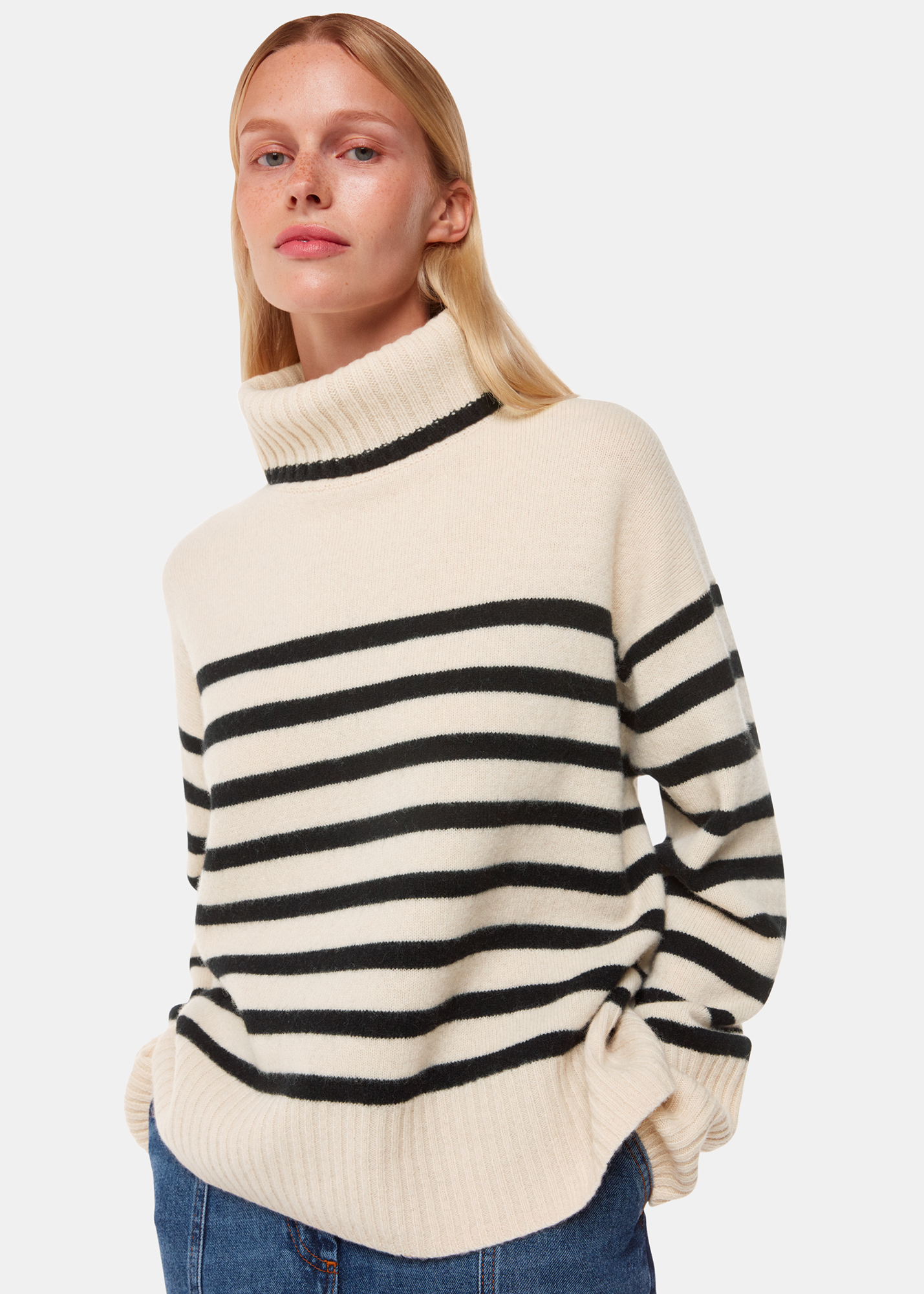 Whistles Women's Ivory/Multi Stripe Wool Roll Neck Size XL