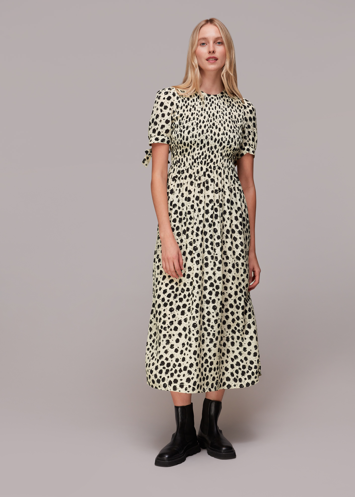 Whistles Women's Black/White Dalmatian Shirred Midi Dress Size 12