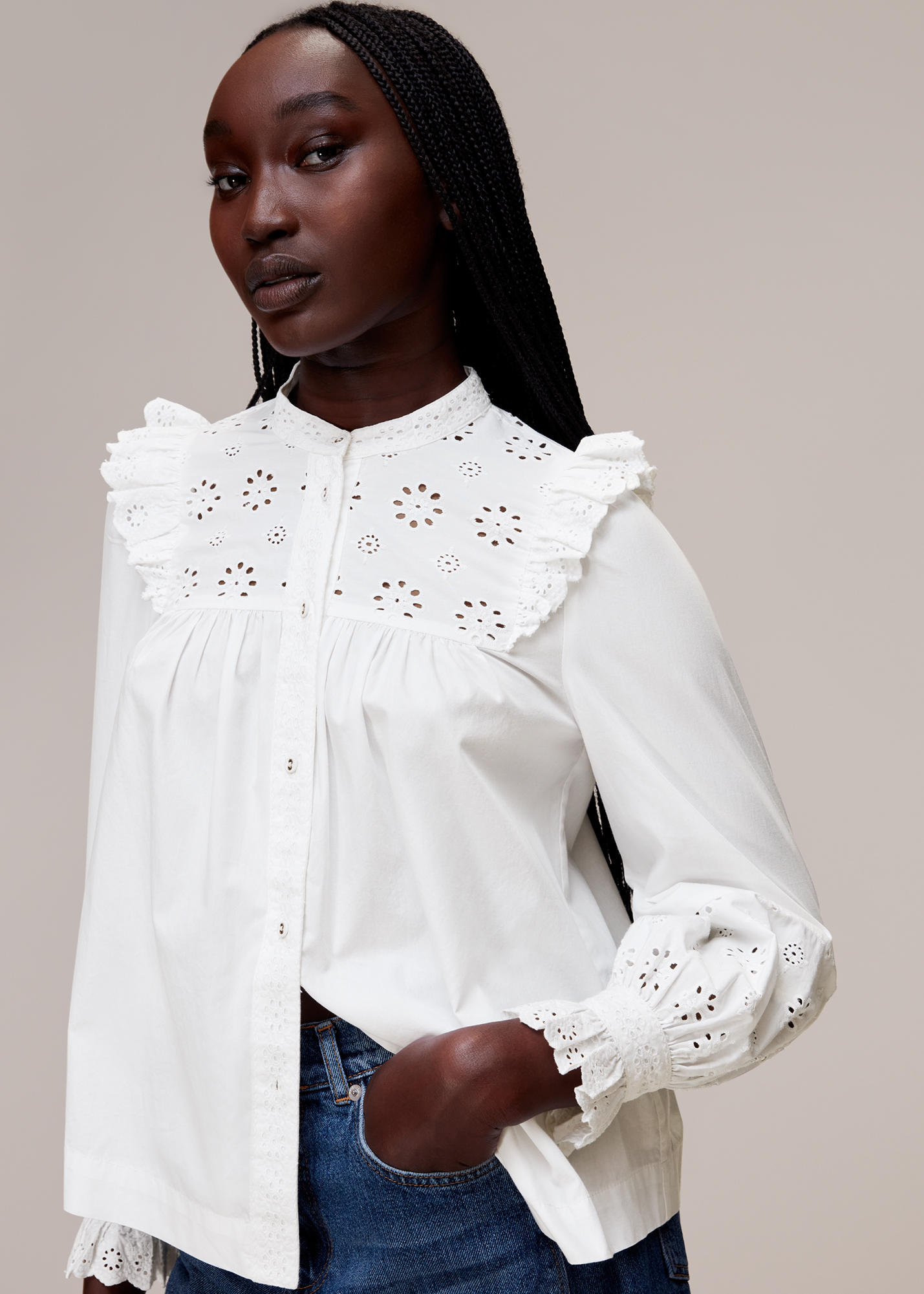 Whistles Women's White Broderie Frill Sleeve Top Size 4