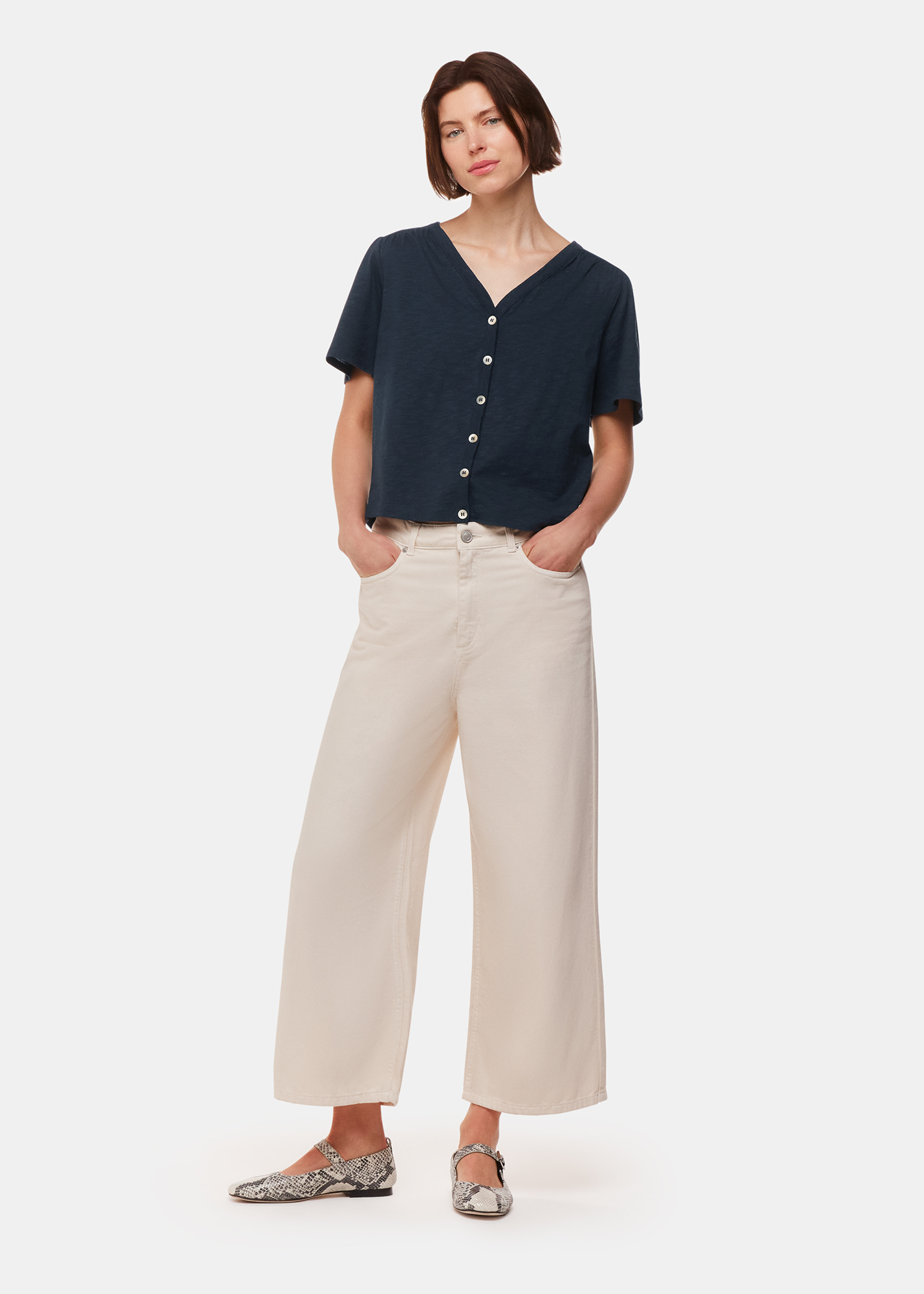 Whistles Women's Navy Maeve V Neck Button Front Tee Size XS