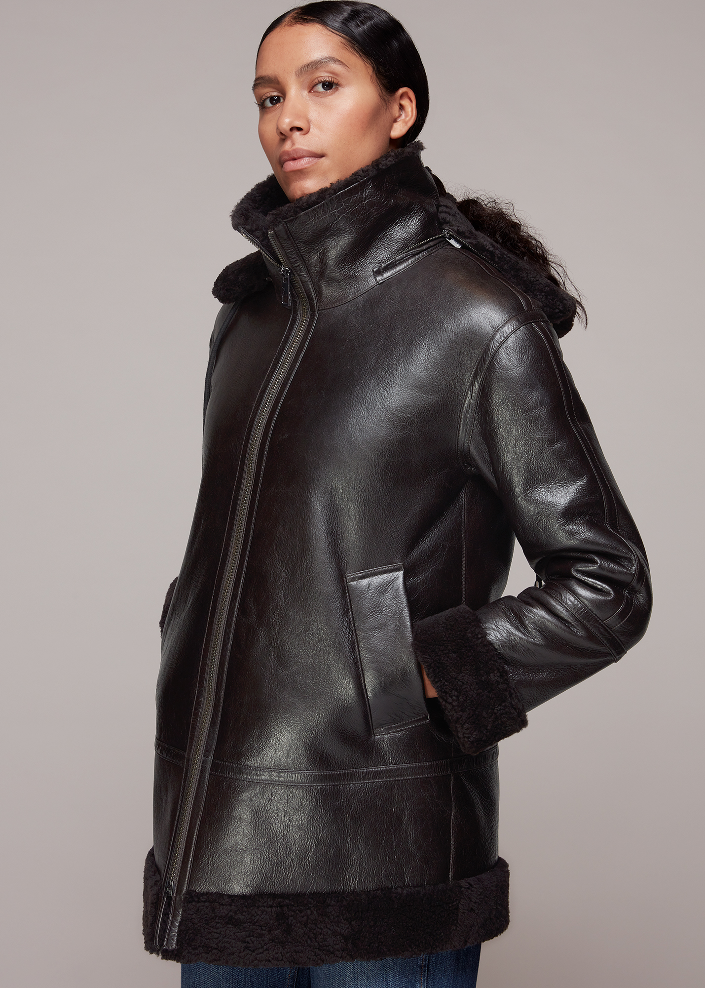 Whistles Women's Brown Shearling Hooded Biker Size M