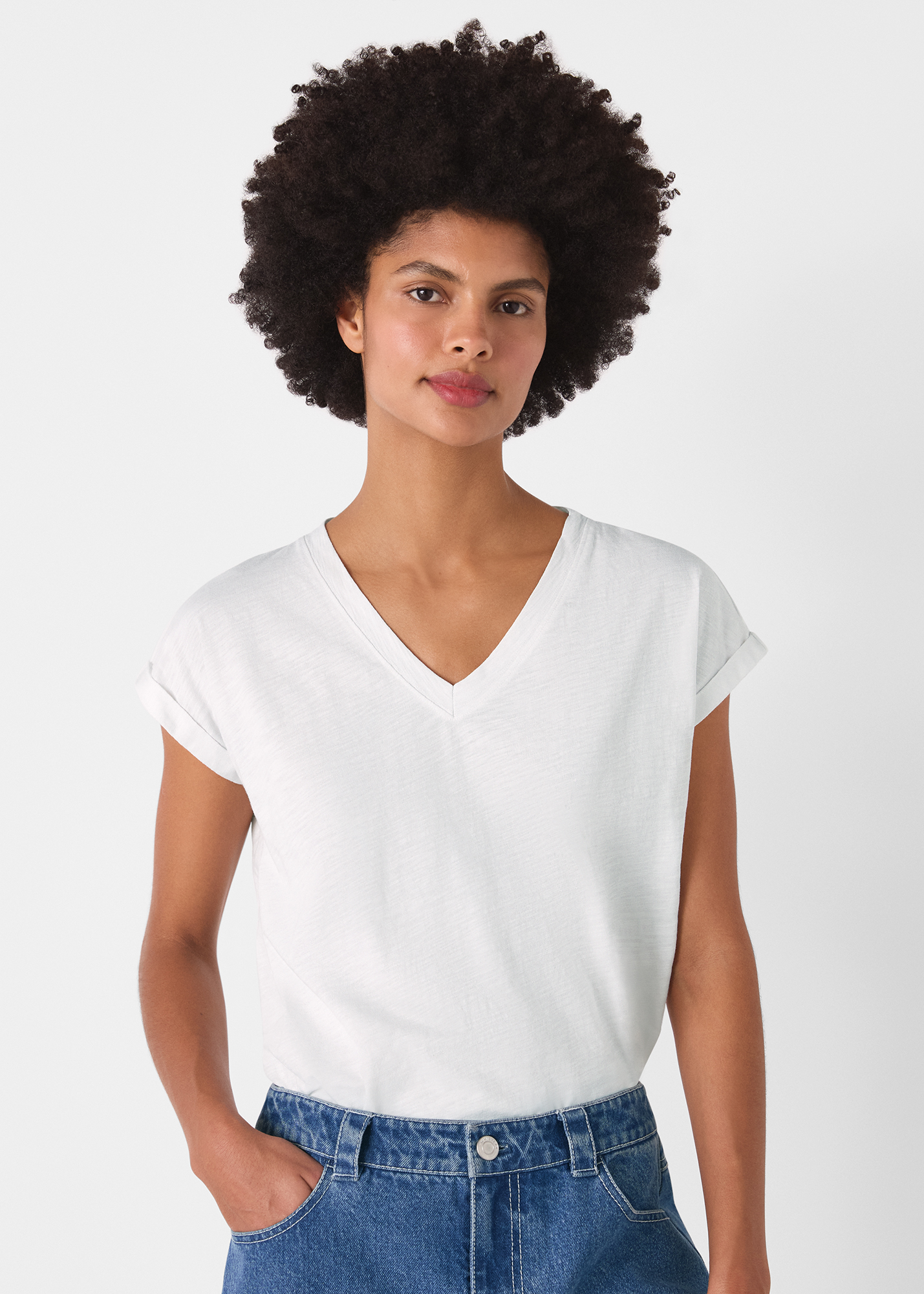 Whistles Women's White Willa V-Neck Cap Sleeve Tee Size L