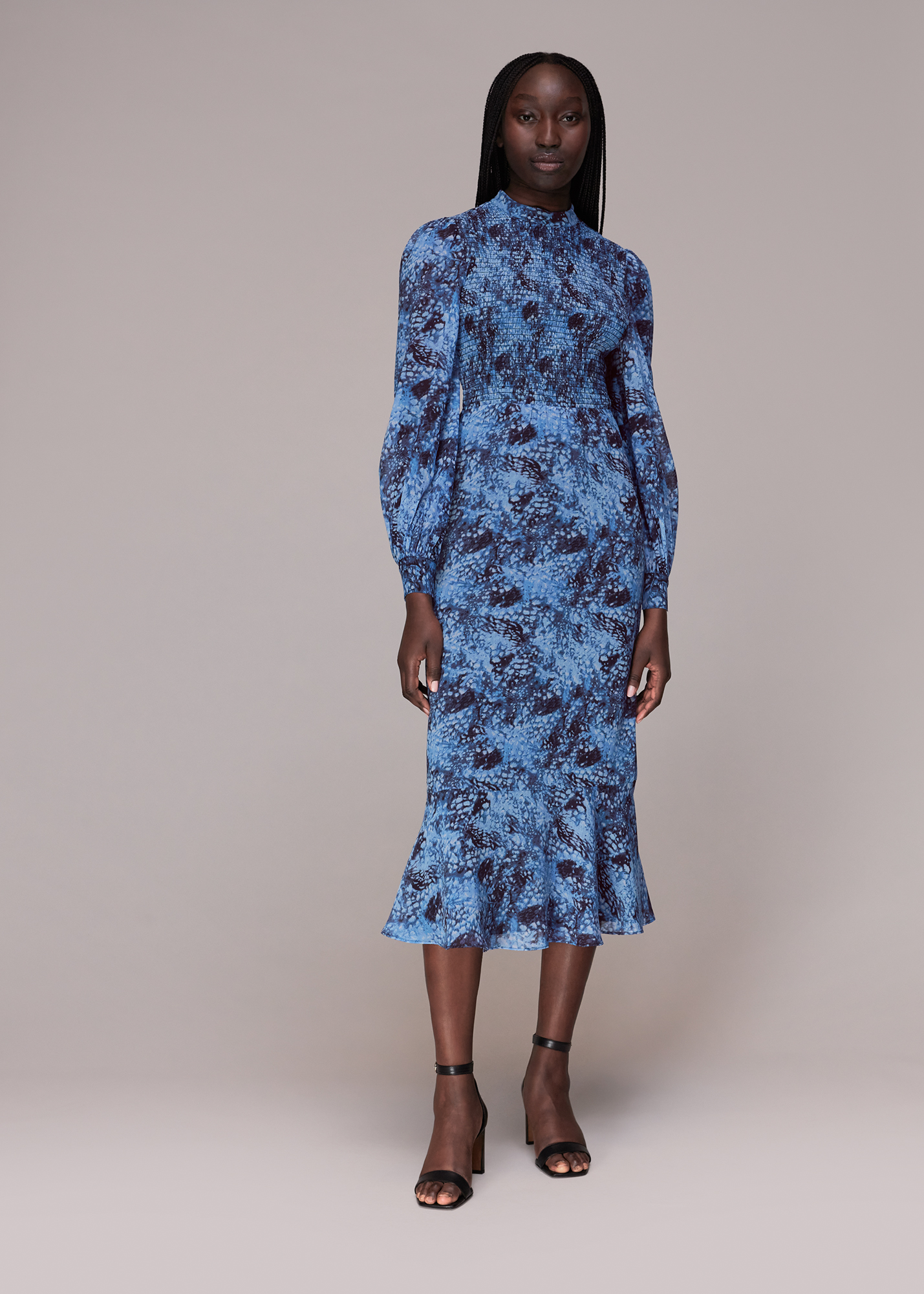 Whistles Women's Blue/Multi Snow Flurry Shirred Midi Dress Size 8