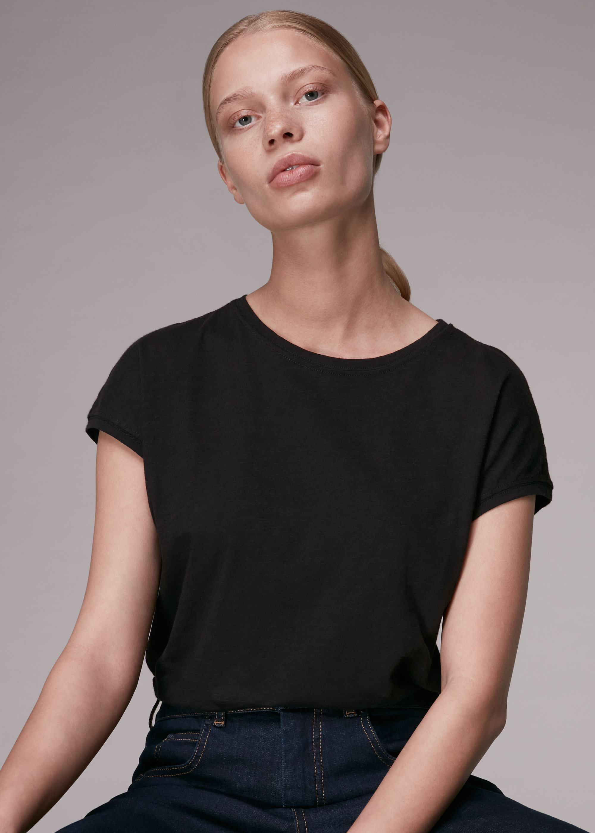 Whistles Women's Black Minimal Cap Sleeve Tee Size L