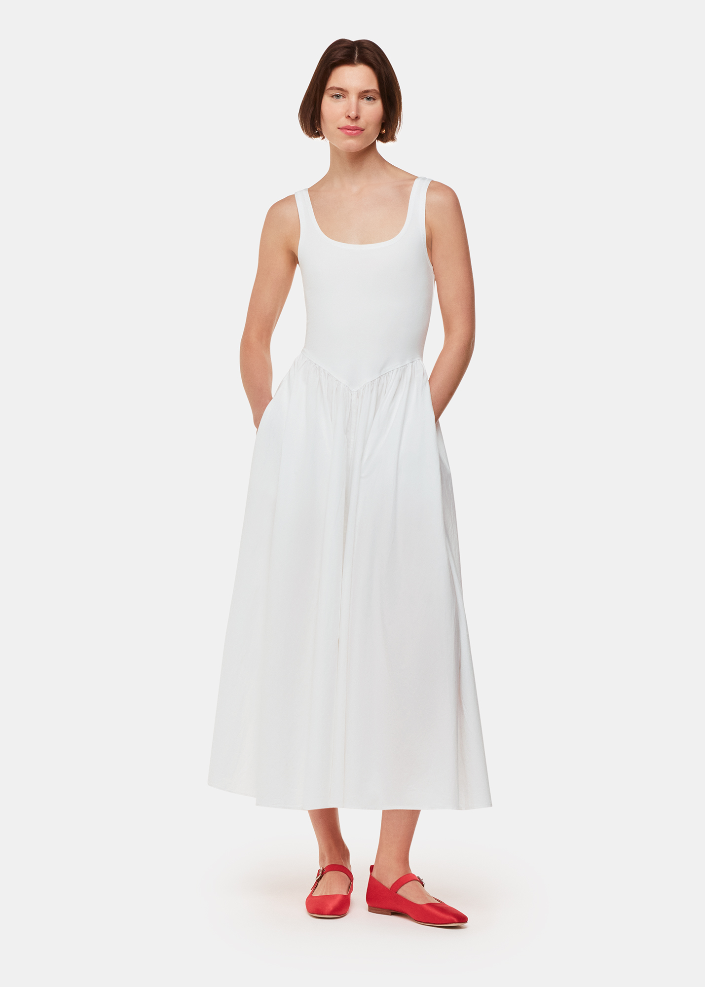 Whistles Women's White Poplin Cotton Mix Midi Dress Size 14