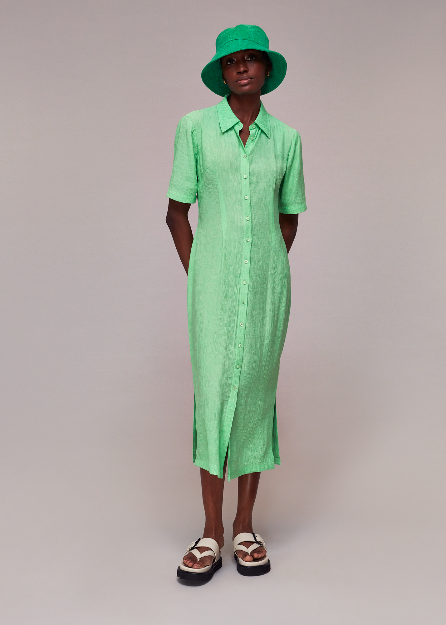 Whistles Women's Lime Millie Plisse Shirt Dress Size 16