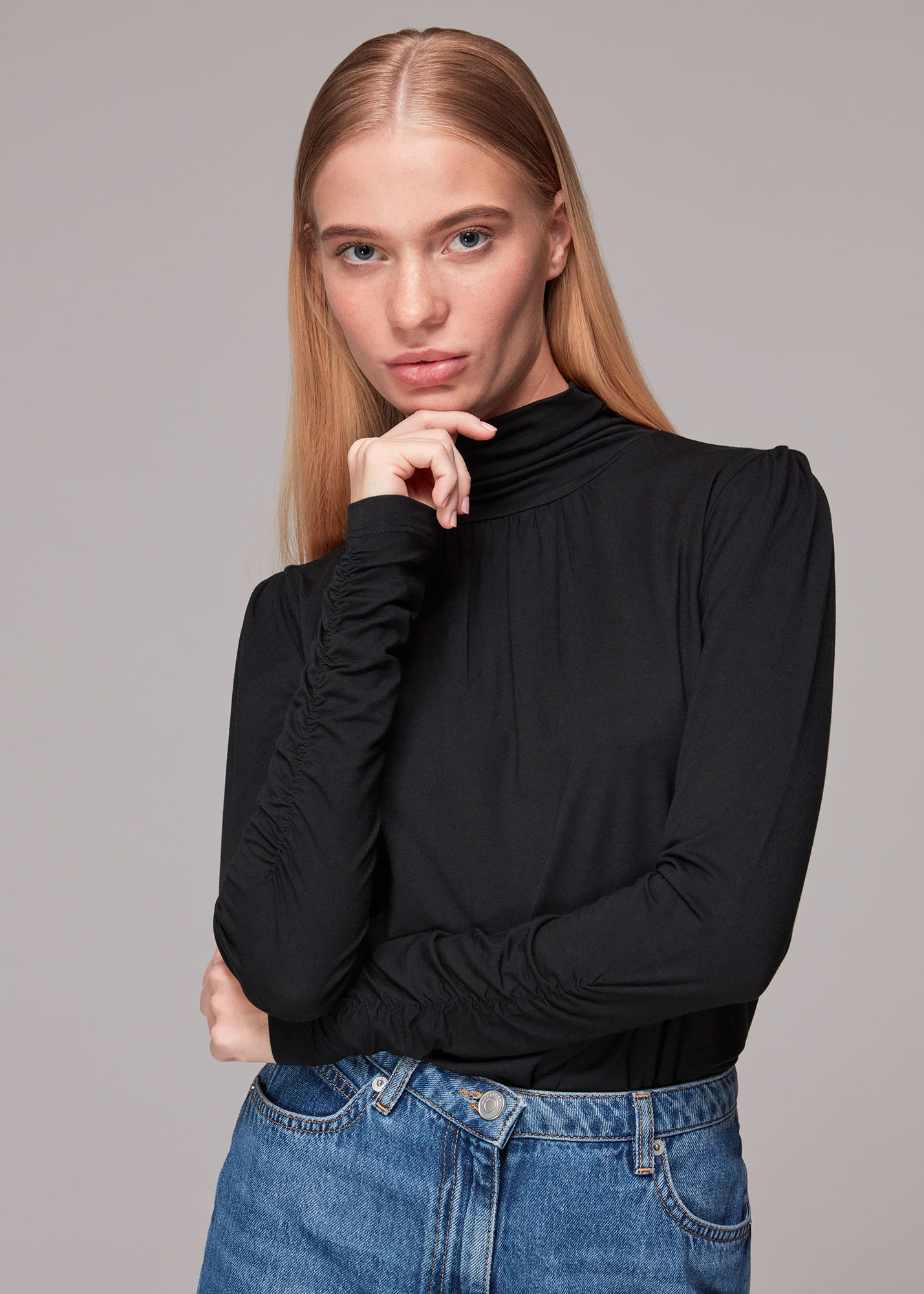Whistles Women's Black High Neck Ruched Sleeve Top Size 6