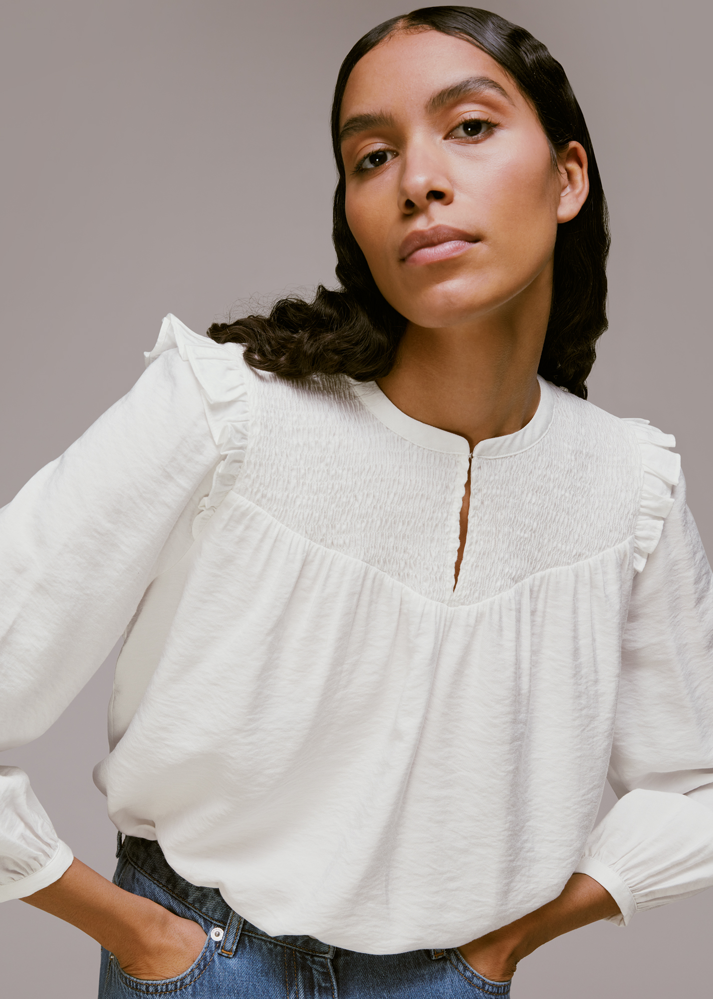 Whistles Women's White Megan Shirred Detail Top Size 6
