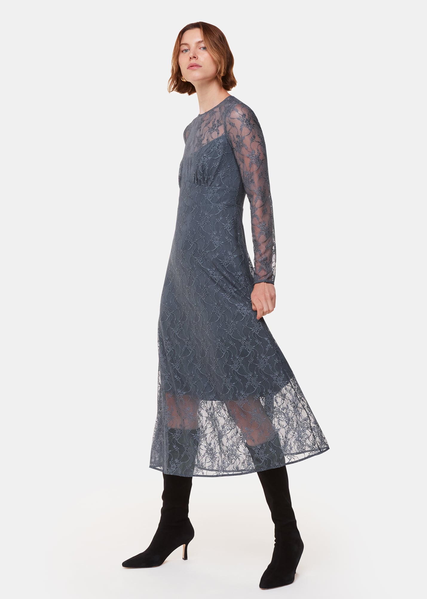 Whistles Women's Grey Fay Lace Long Sleeve Dress Size 6