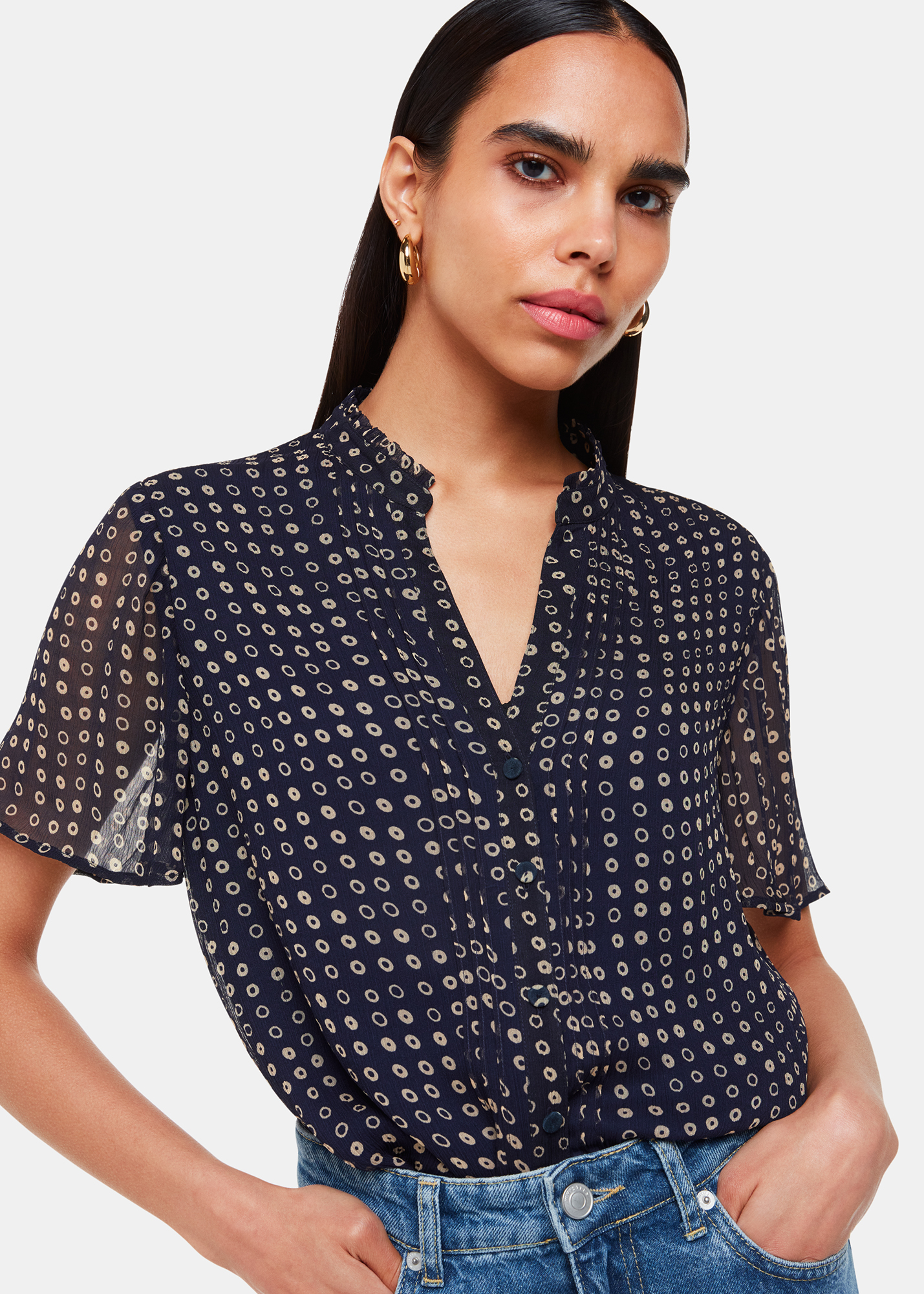 Whistles Women's Navy/Multi Spotted Hoop Frill Blouse Size 6