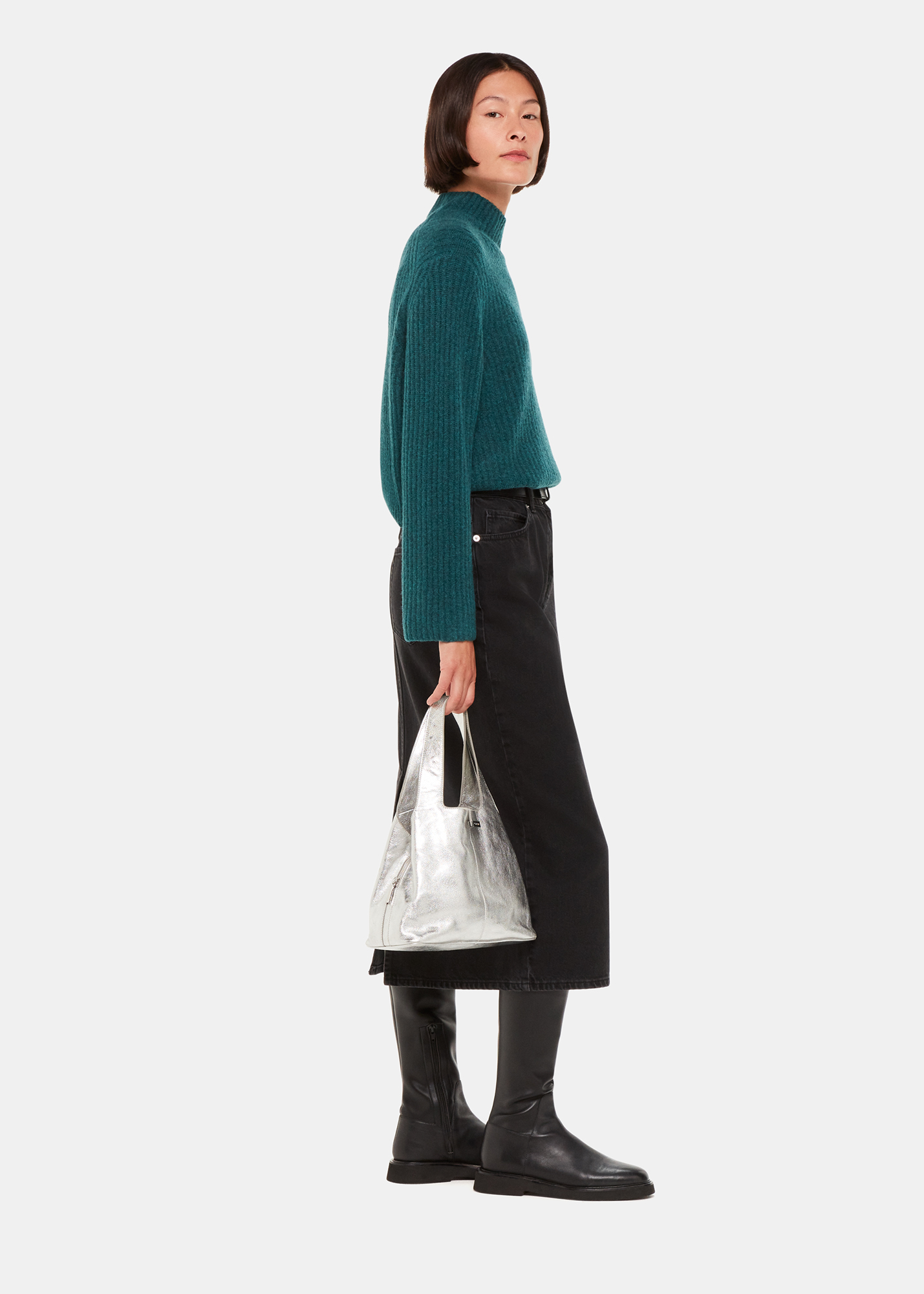 Whistles Women's Teal Wool Mix Rib Funnel Neck Size M