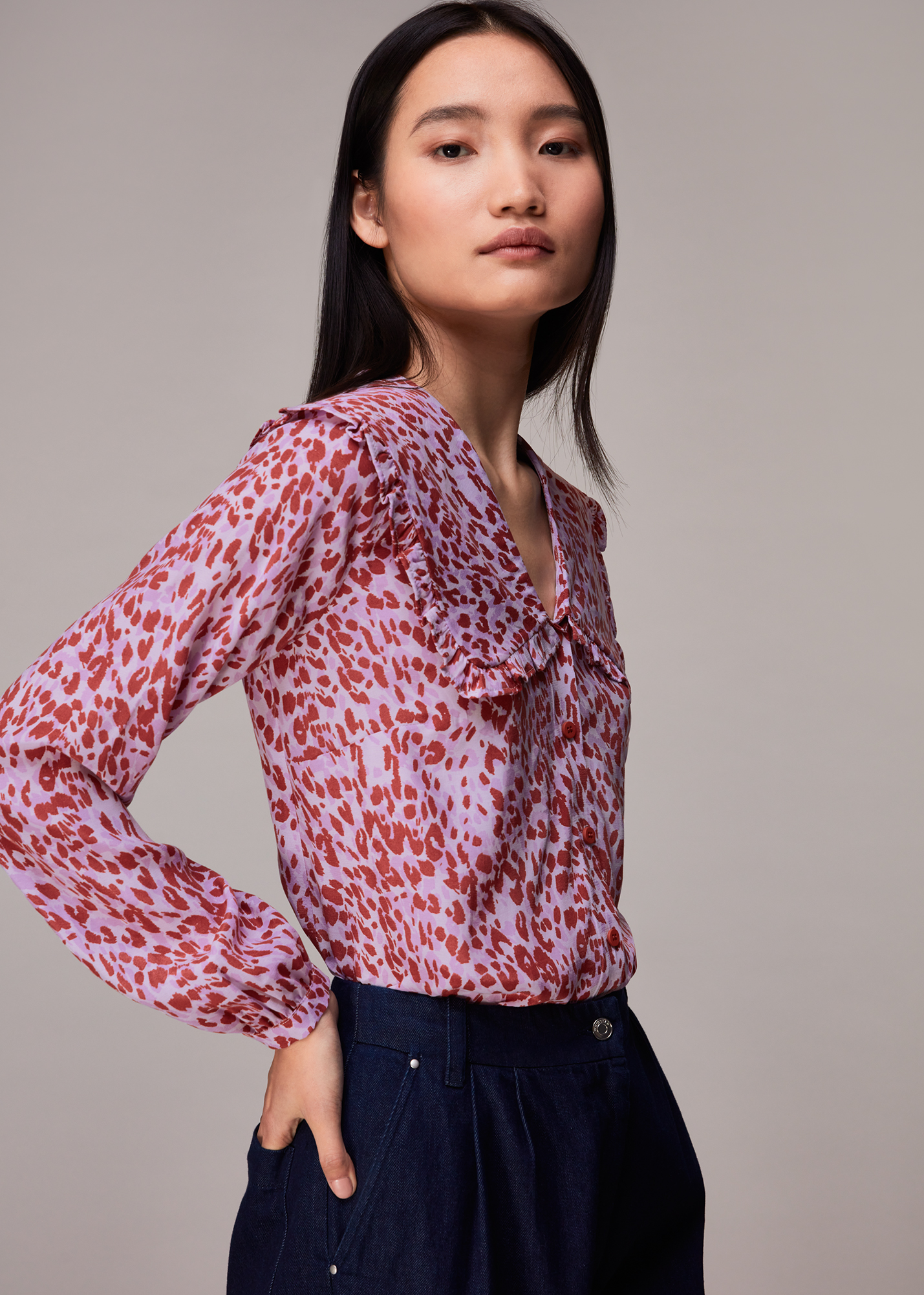 Whistles Women's Pink/Multi Summer Cheetah Collar Top Size 6