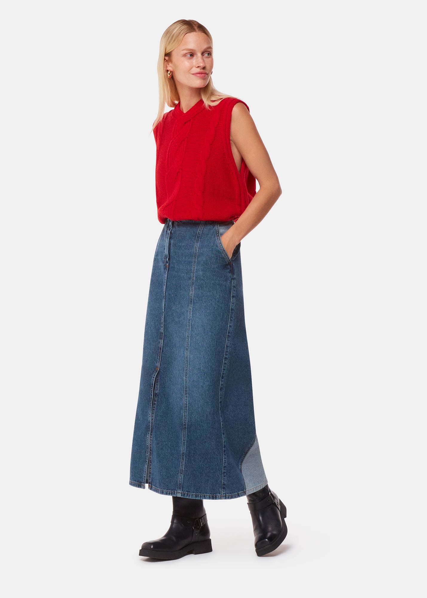 Whistles Women's Denim Patchwork Midi Skirt Size 18