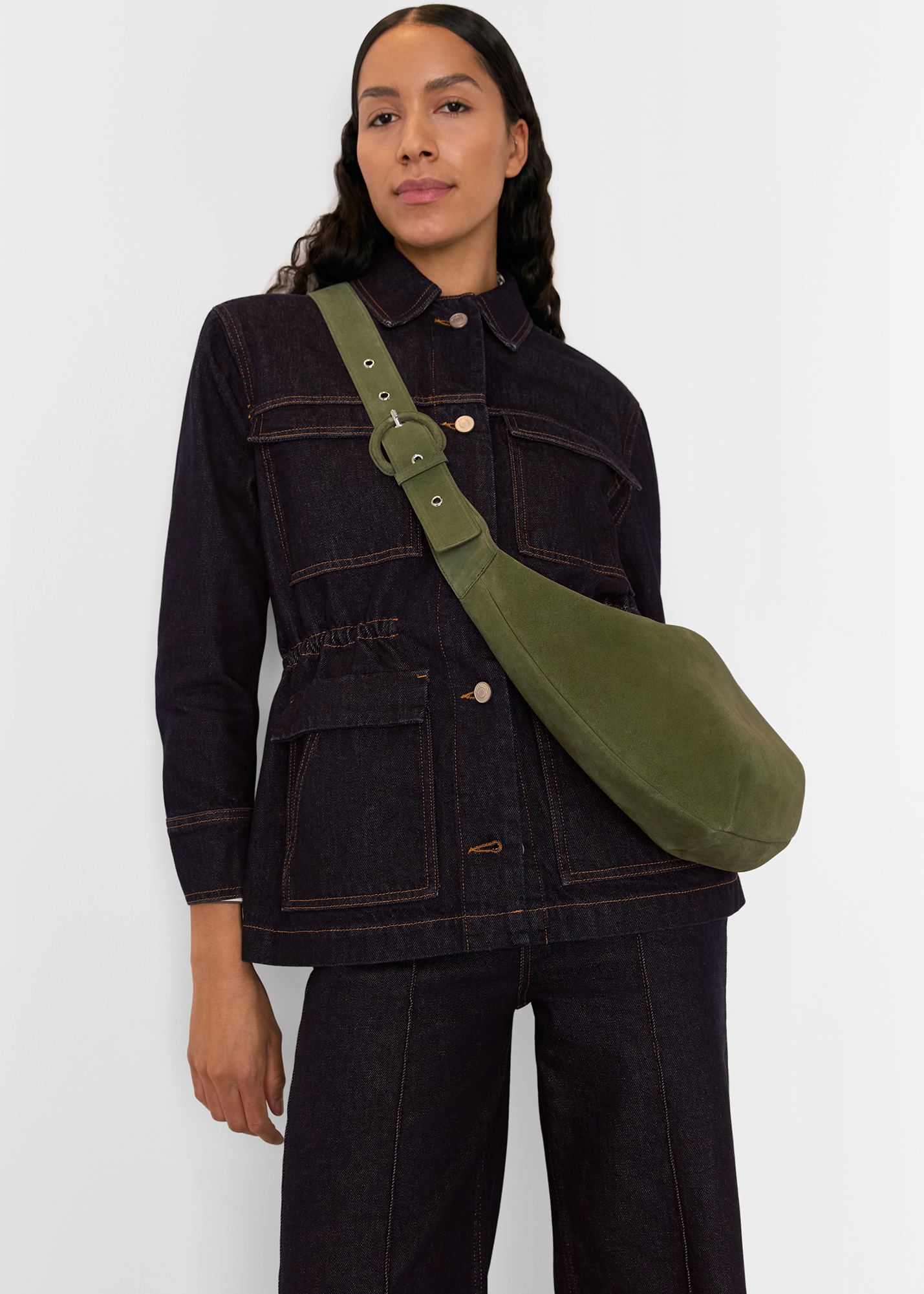 Whistles Women's Khaki Sia Suede Curved Crossbody Bag 