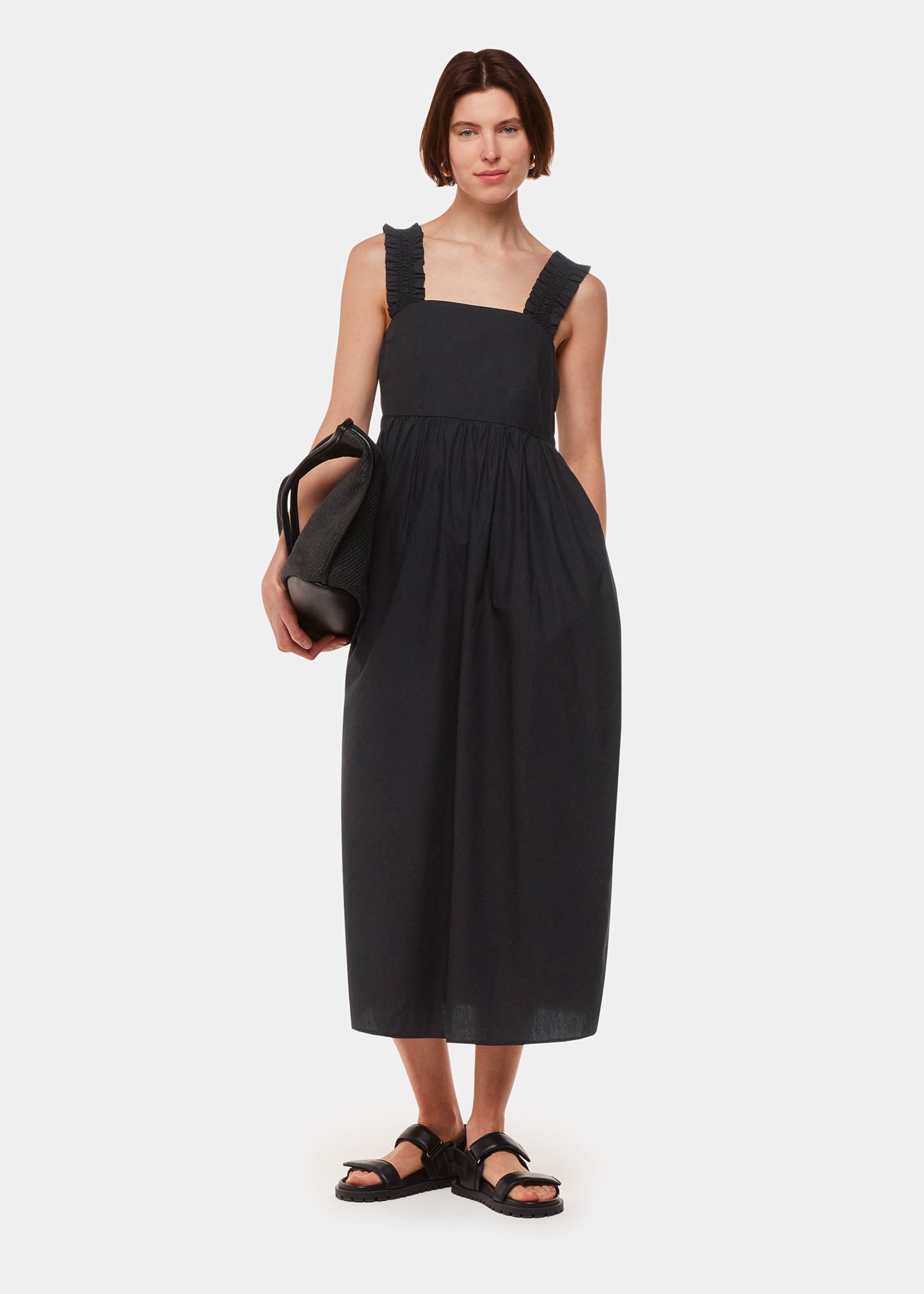 Whistles Women's Black Ruffle Strap Poplin Midi Dress Size 14
