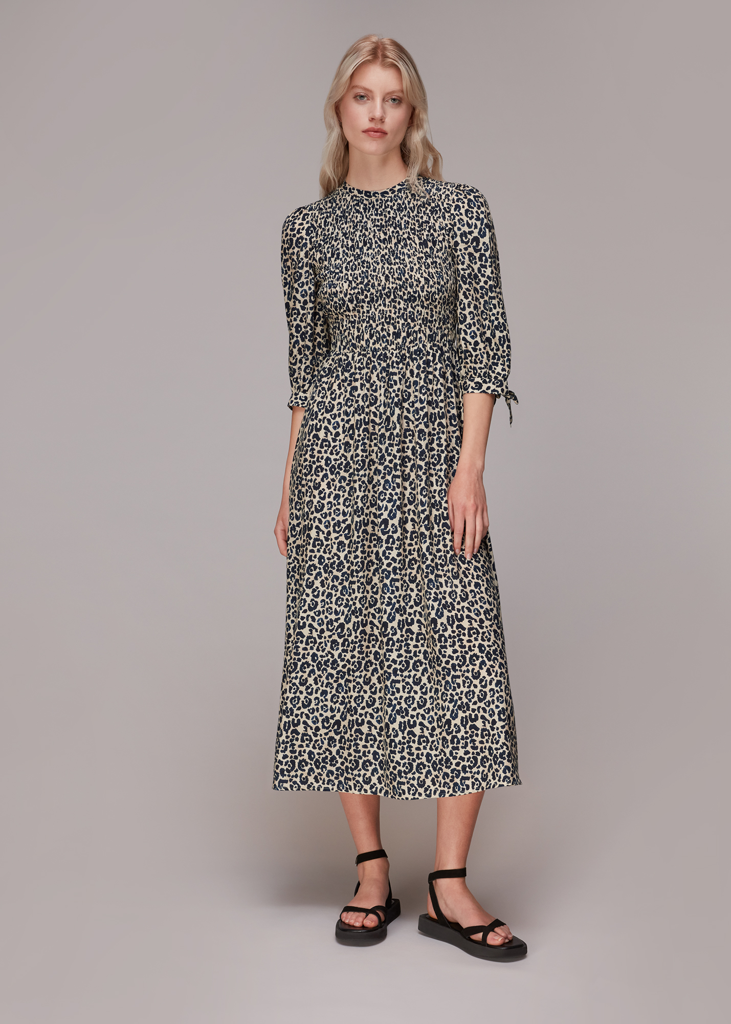 Whistles Women's Leopard Print Cheetah Print Shirred Dress Size 6