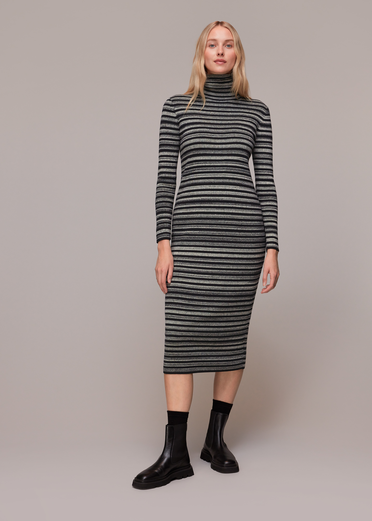 Whistles Women's Black/Multi Stripe Midi Knit Dress Size 18