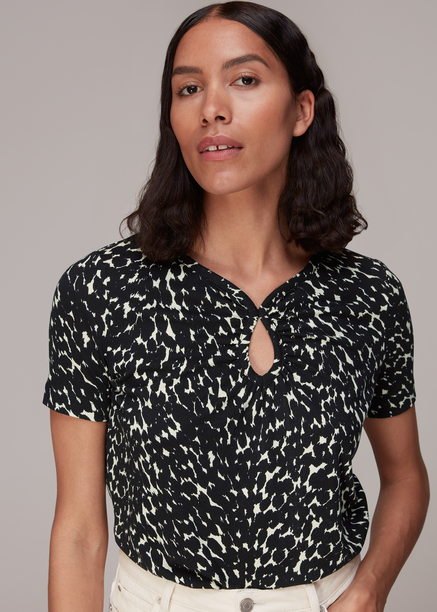 Whistles Women's Black/Multi Sahara Cat Keyhole Tee Size 4