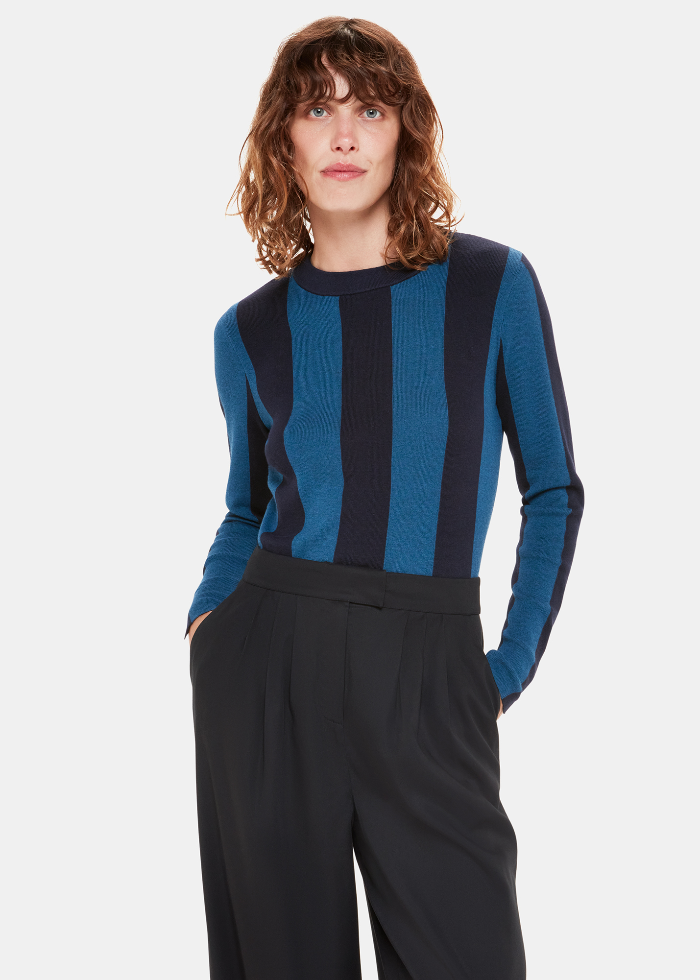 Whistles Women's Navy/Multi Vertical Stripe Crew Neck Size XS