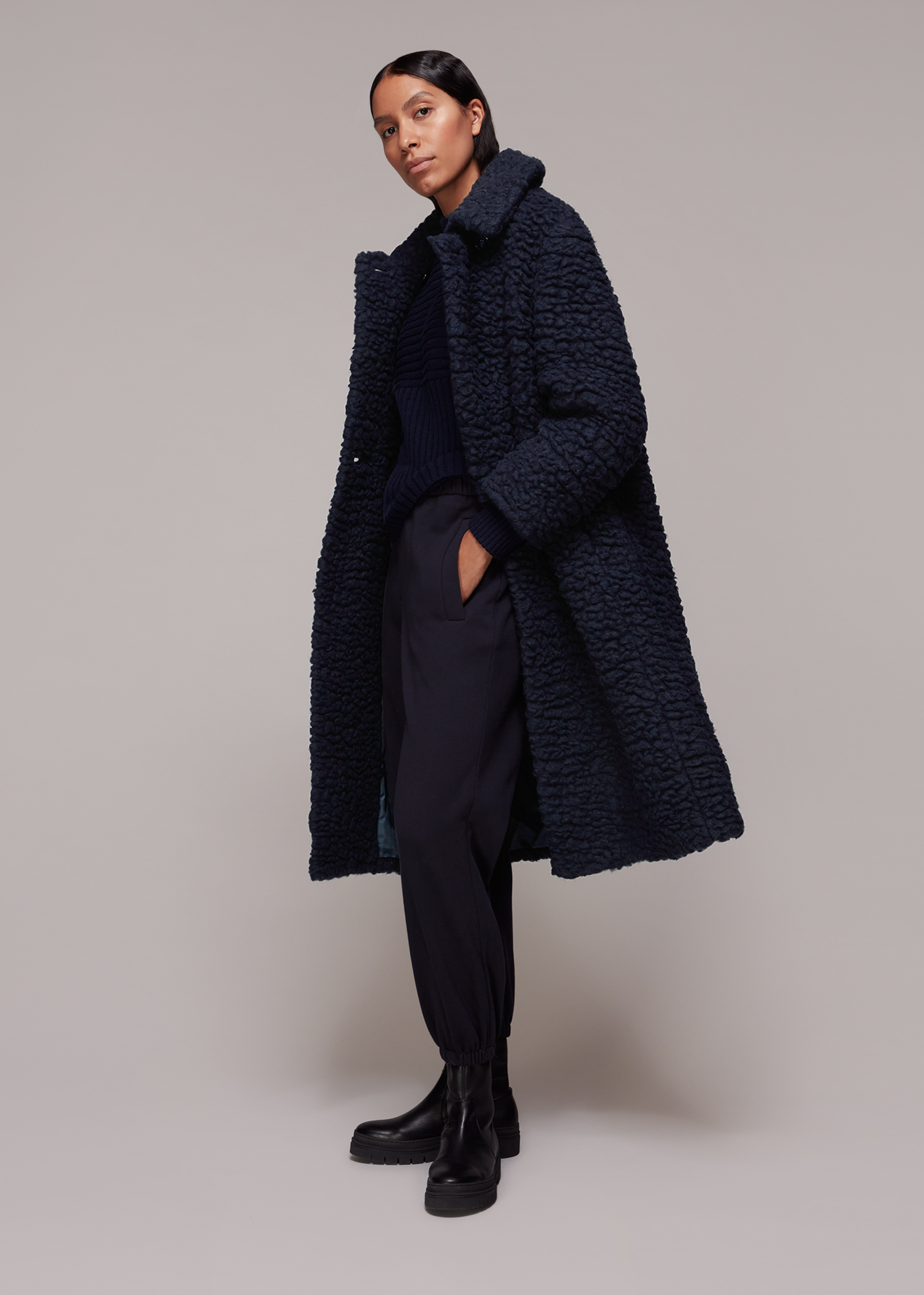 Whistles Women's Navy Lottie Teddy Wool Coat Size XS
