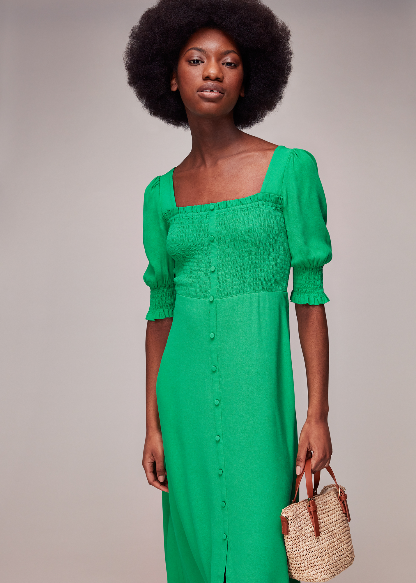 Whistles Women's Green Luna Shirred Bodice Midi Dress Size 18