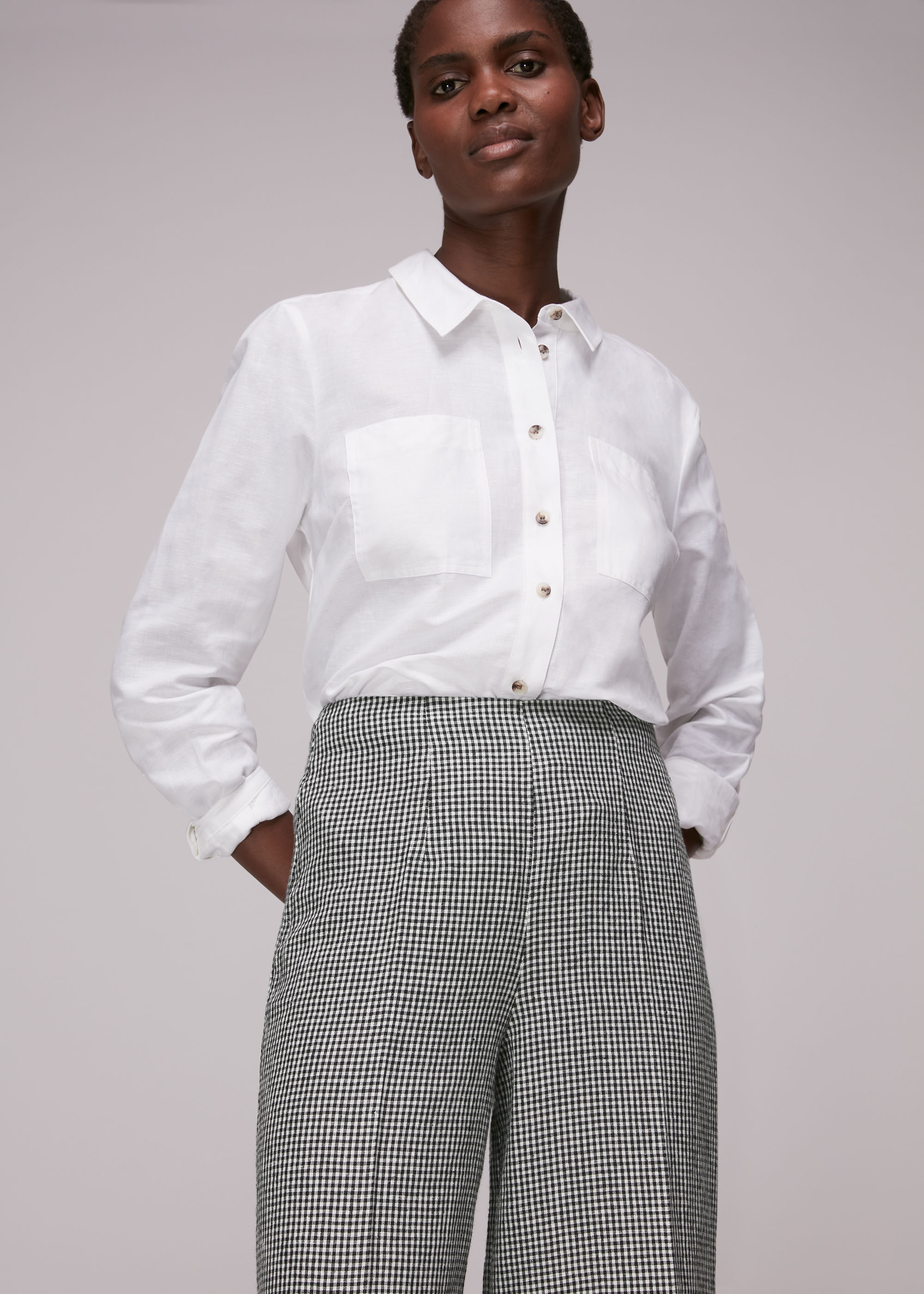 Whistles Women's Navy/Multi Checked Linen Crop Trouser Size 4