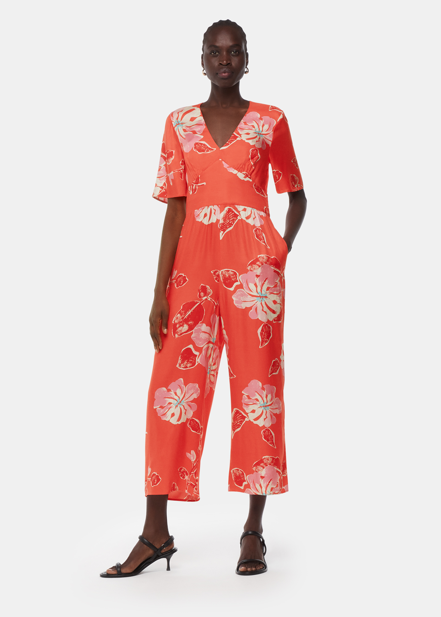Whistles Women's Coral Hibiscus Print Aimee Jumpsuit Size 20