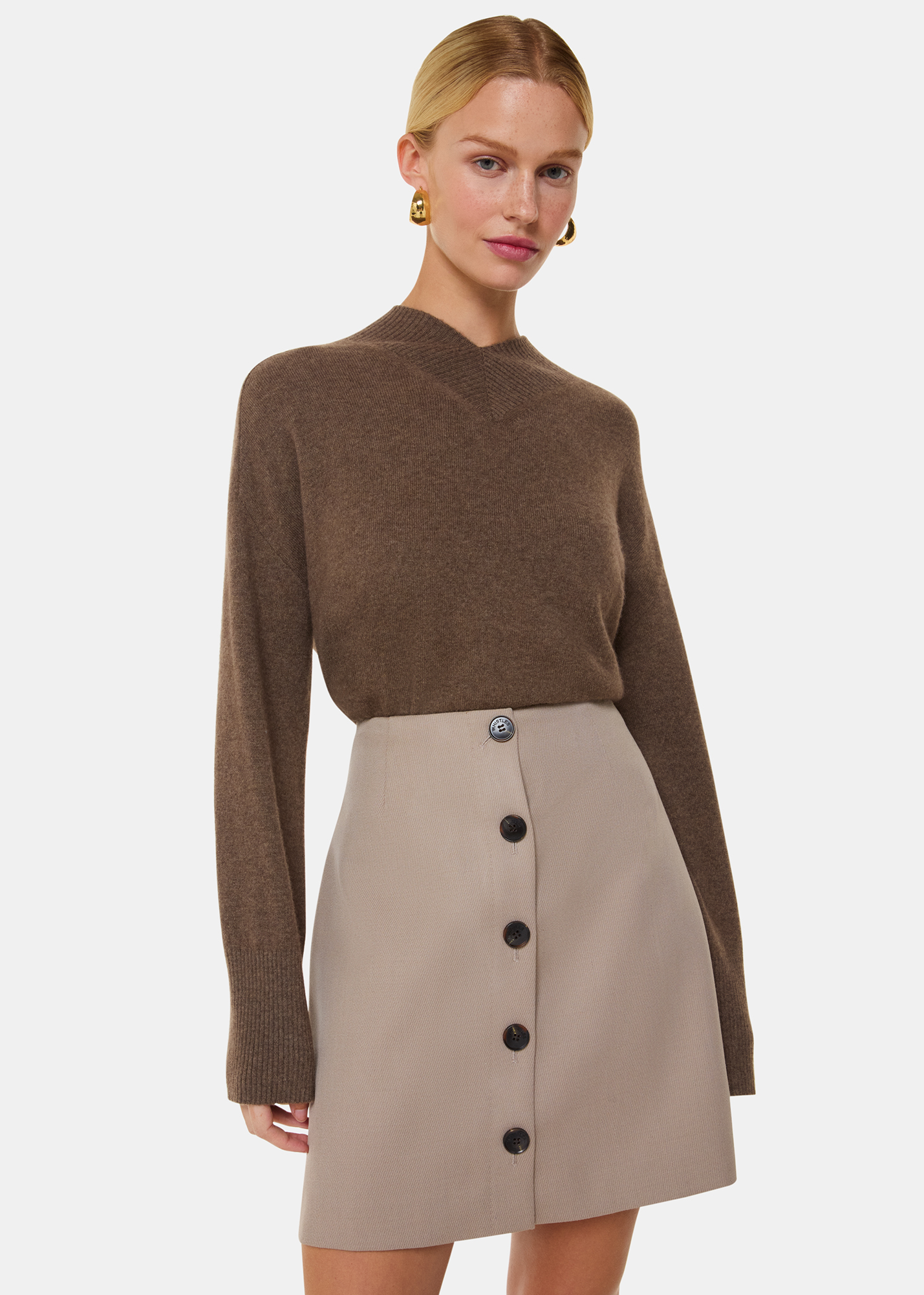 Whistles Women's Neutral Button Front Wool Mini Skirt Size 12