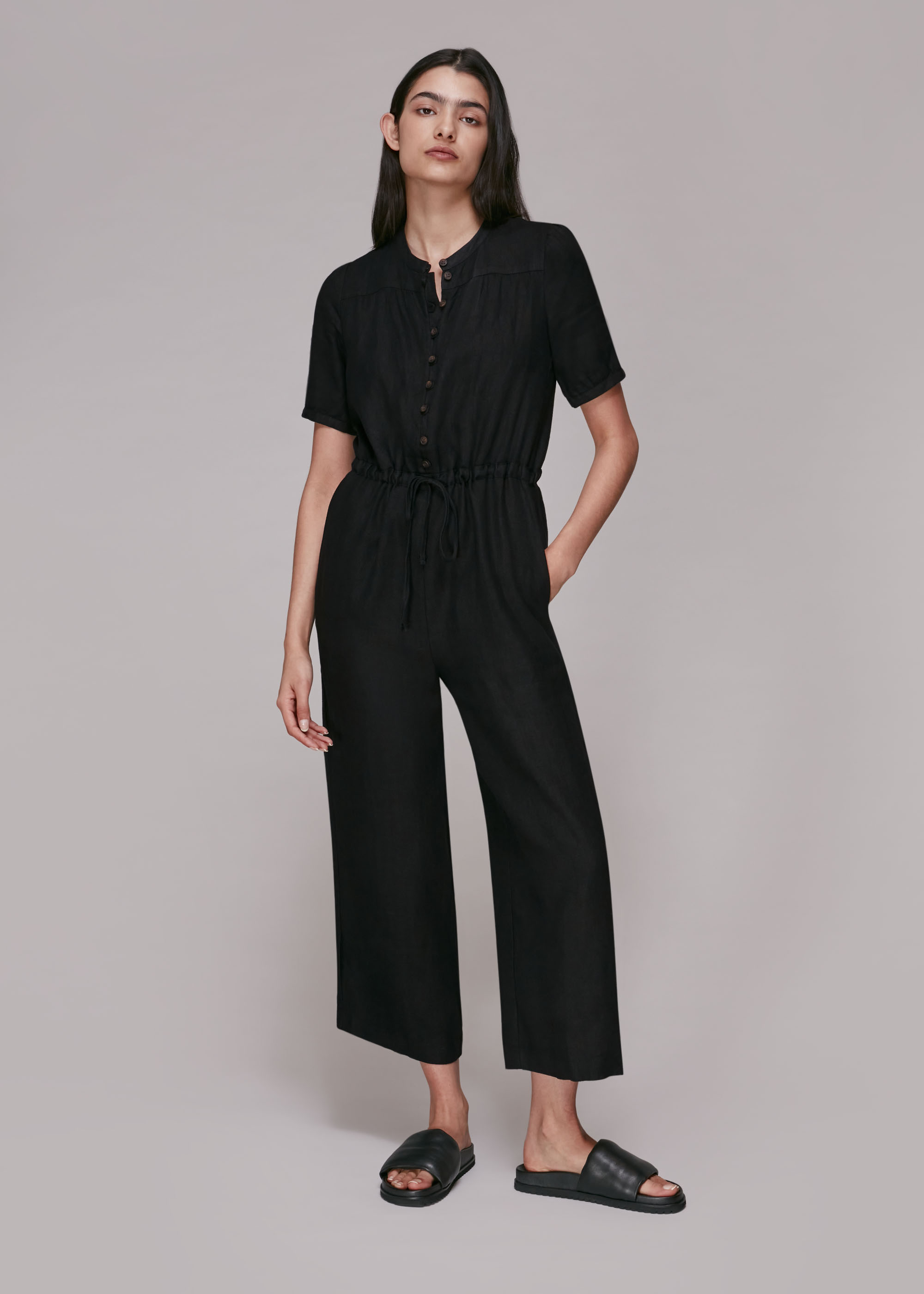 Whistles Women's Black Button Front Linen Jumpsuit Size 6